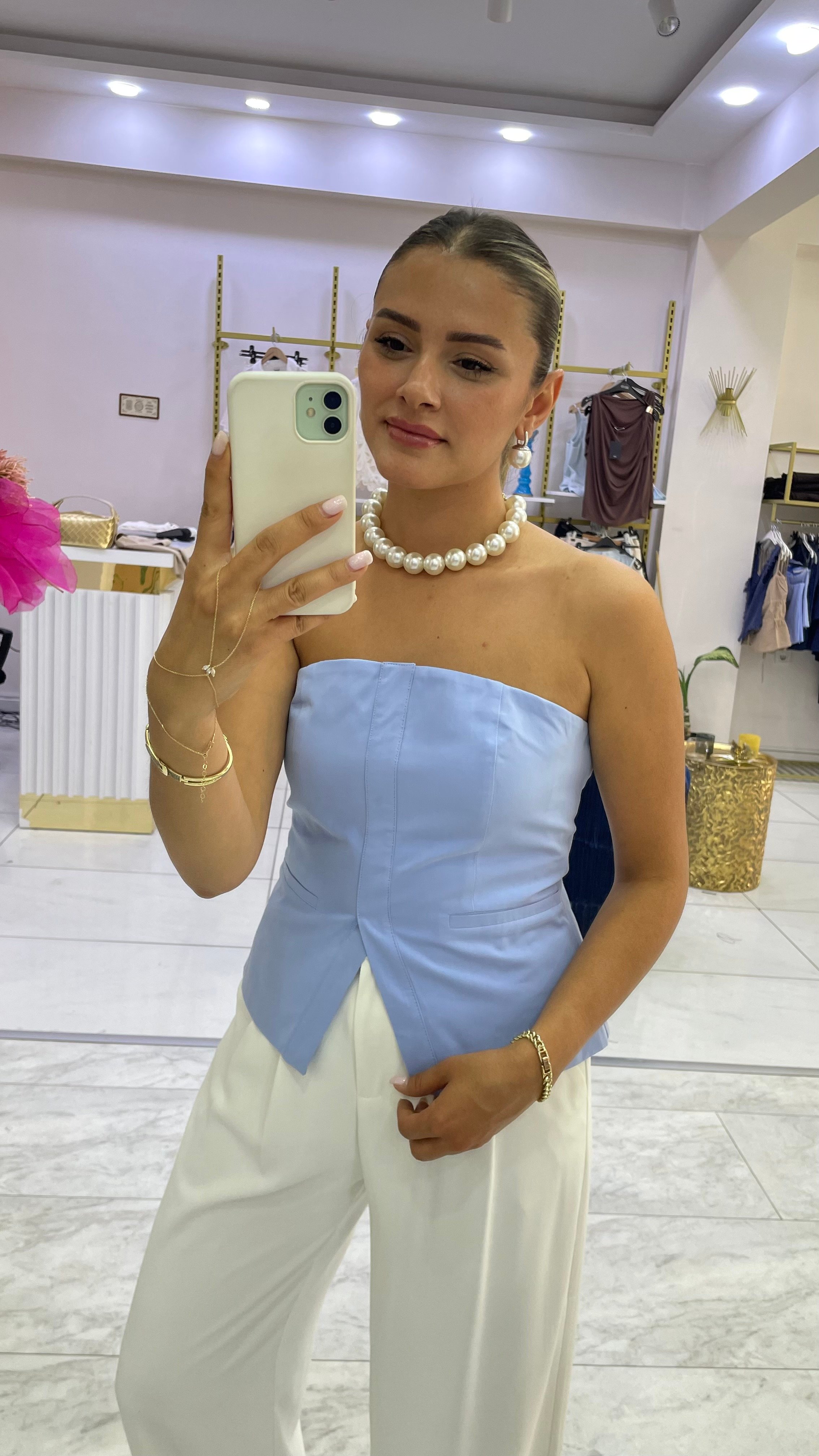 Mavi Stıraplez Bluz