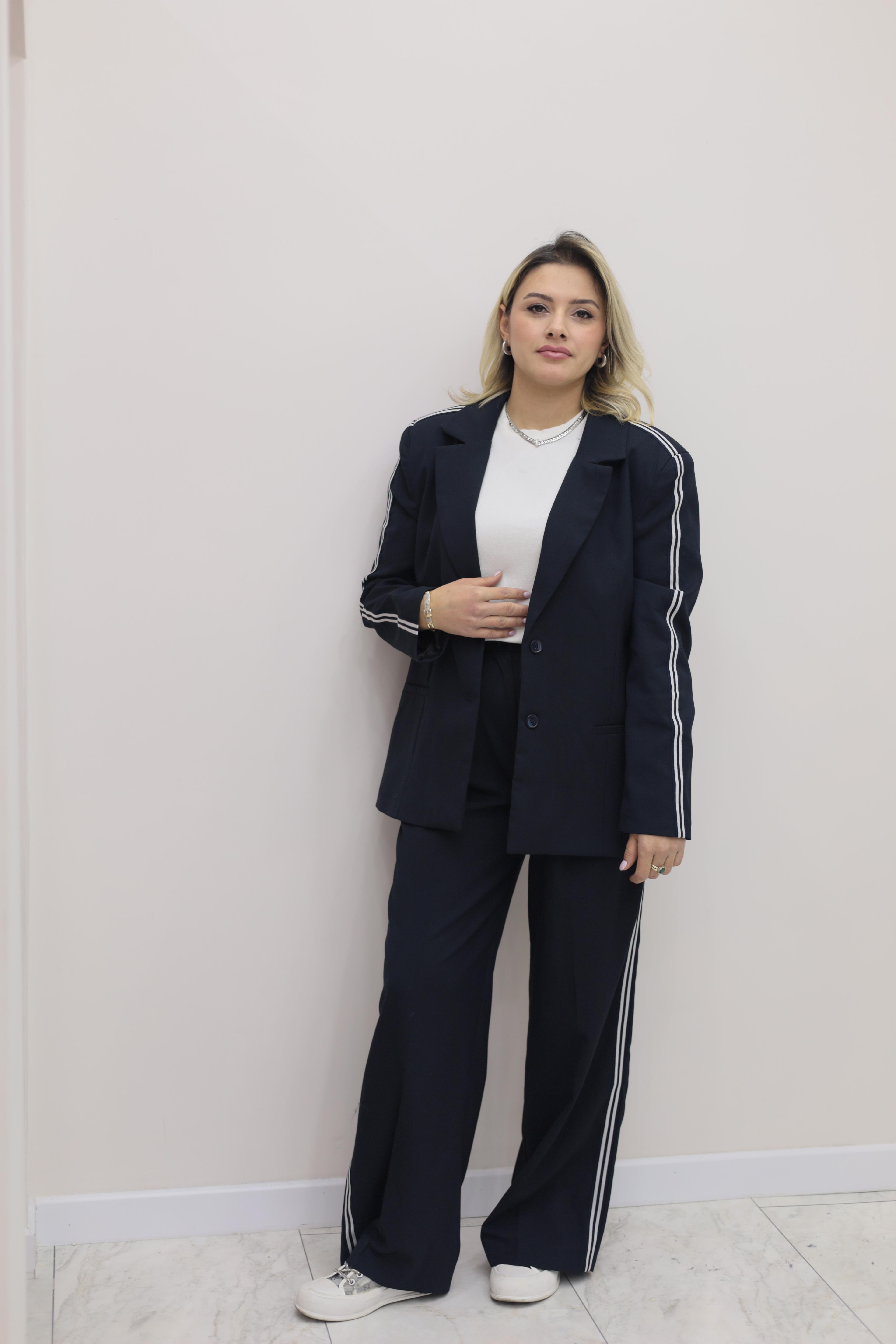 Şeritli Blazer Pantolon Takım