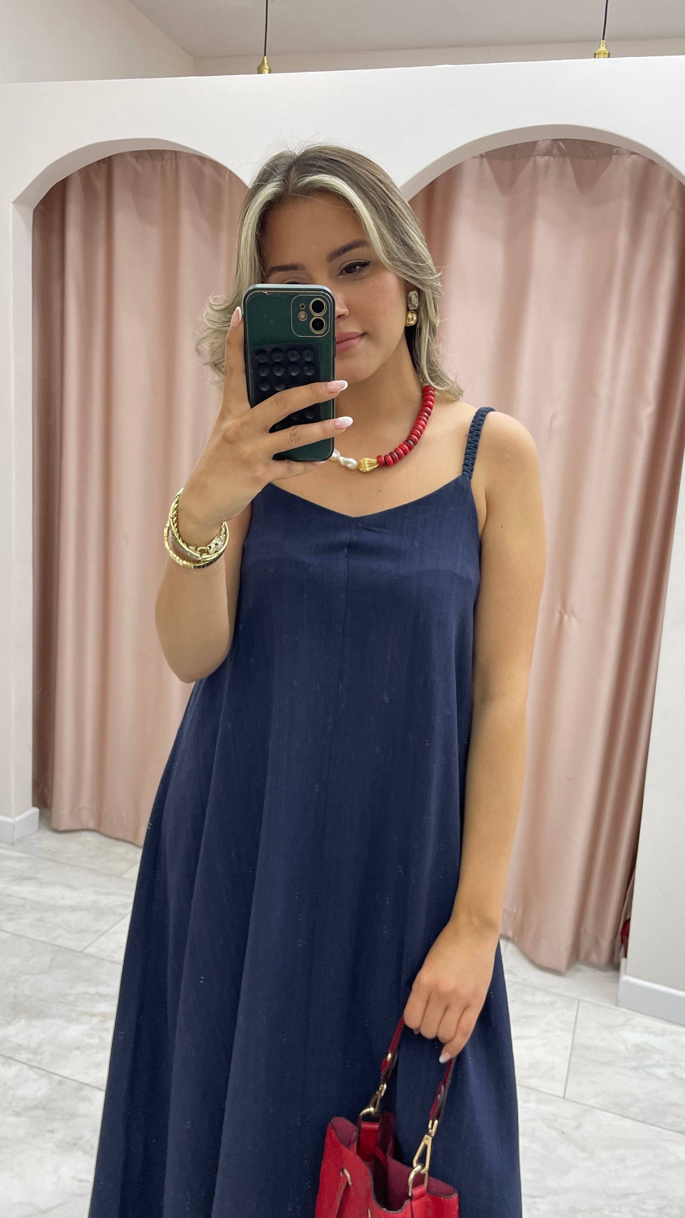 LACİVERT KETEN ELBİSE
