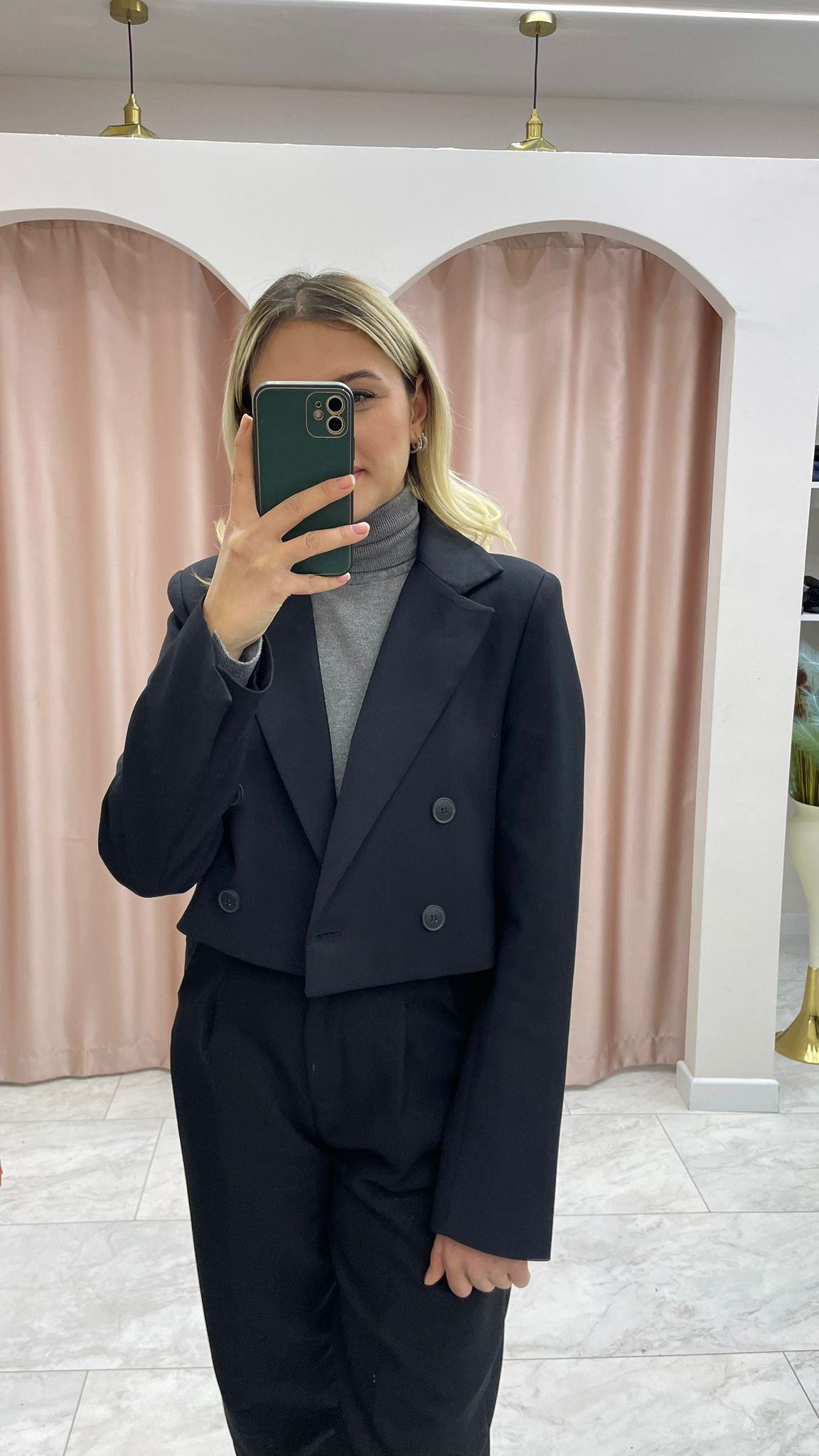 Kruvaze Düğmeli Crop Blazer