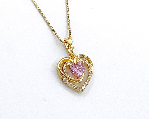 Pembe Taşlı Kalp Kolye