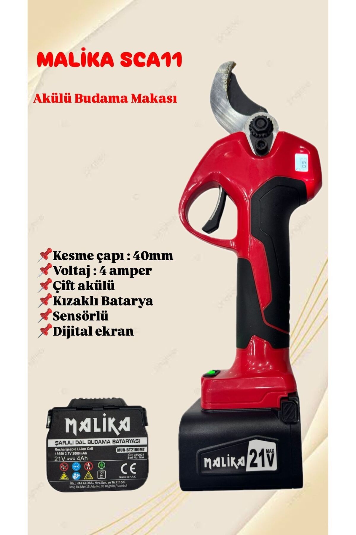 AKÜLÜ BUDAMA MAKASI 2 BATARYALI MLK 40MM KESME ÇAPLI