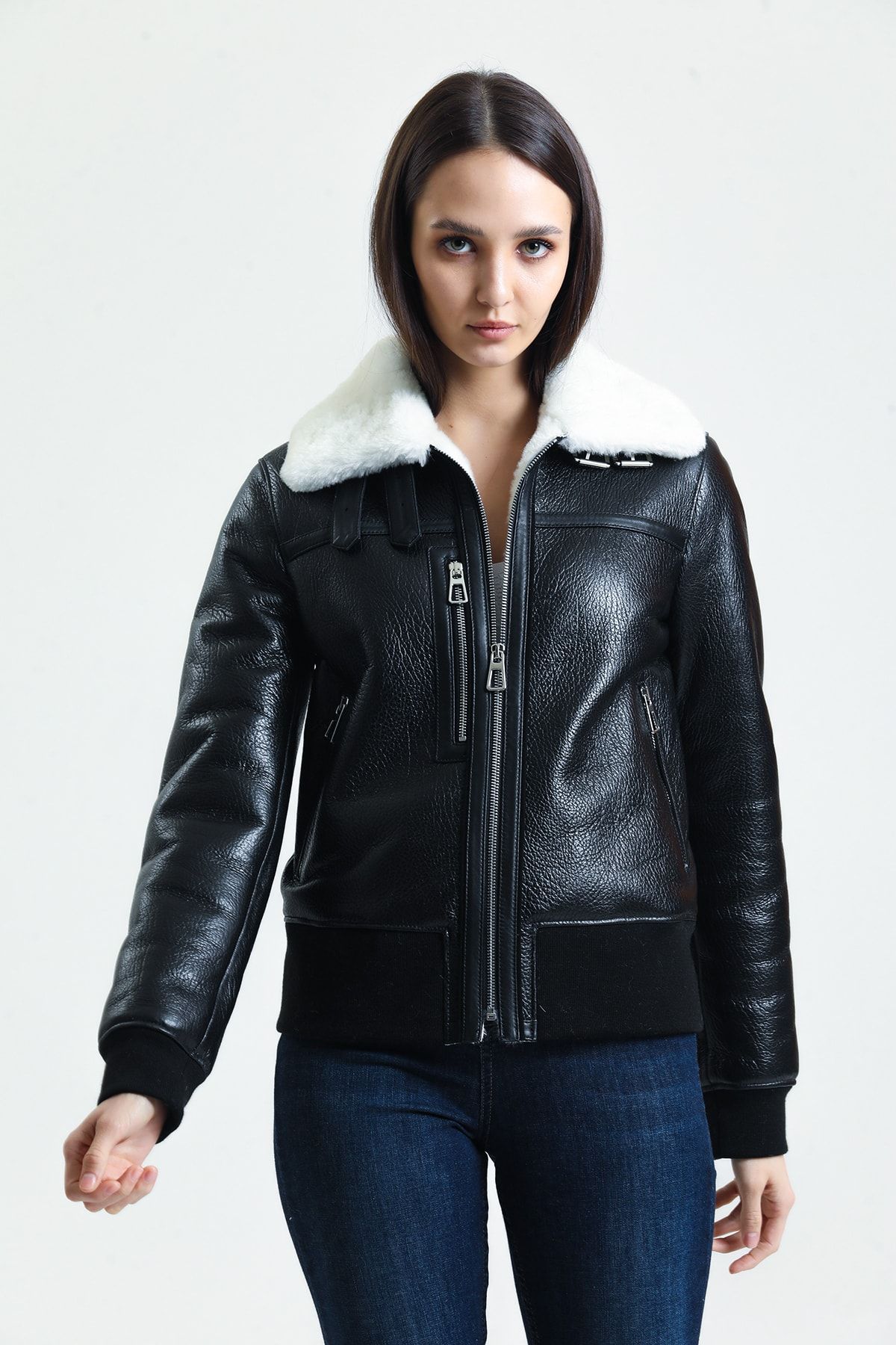 Siyah Hakiki Kürk Mont, Içi Kürklü, Beyaz Kürklü, Kadın Kruvaze Lux Ceket - 110022