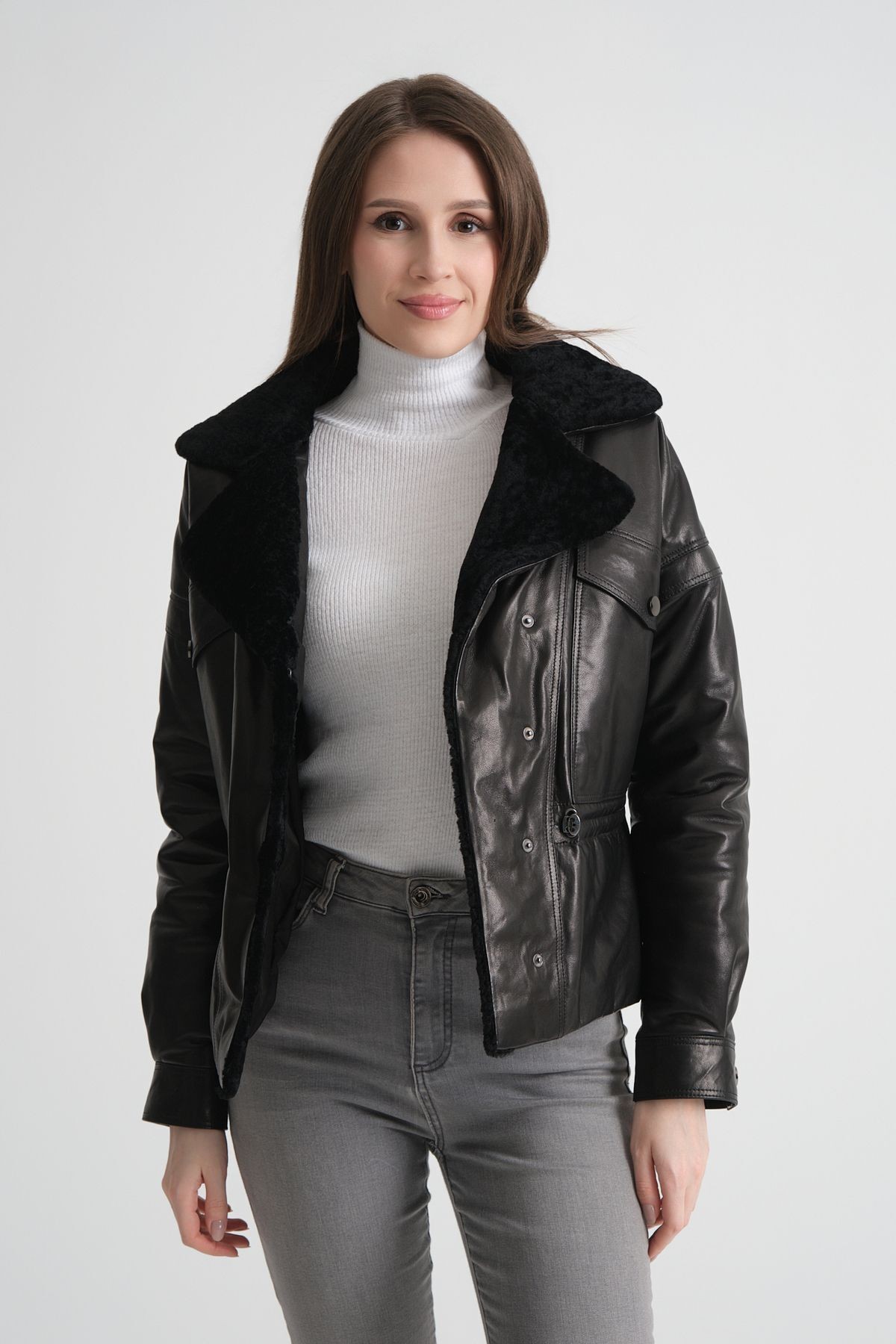 Hakiki Deri Şişme Ceket, Kısa Crop Model, Kürklü Kruvaze Yaka, Kadın Deri Mont, 57 Cm