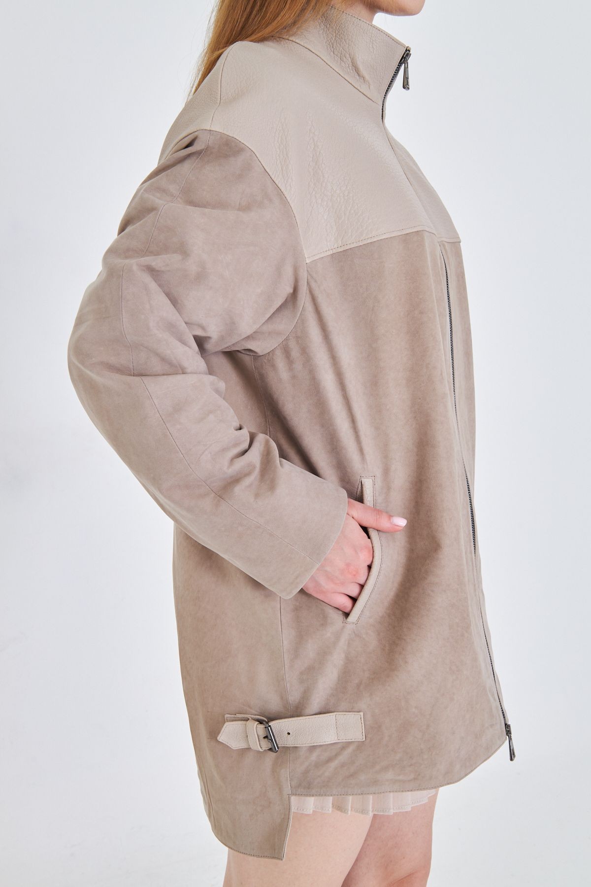 Kadın Bej Hakiki Deri Kaban – Jumbo & Süet Karışımı, Oversize Kalıp, Fermuarlı, 80 cm - 105122