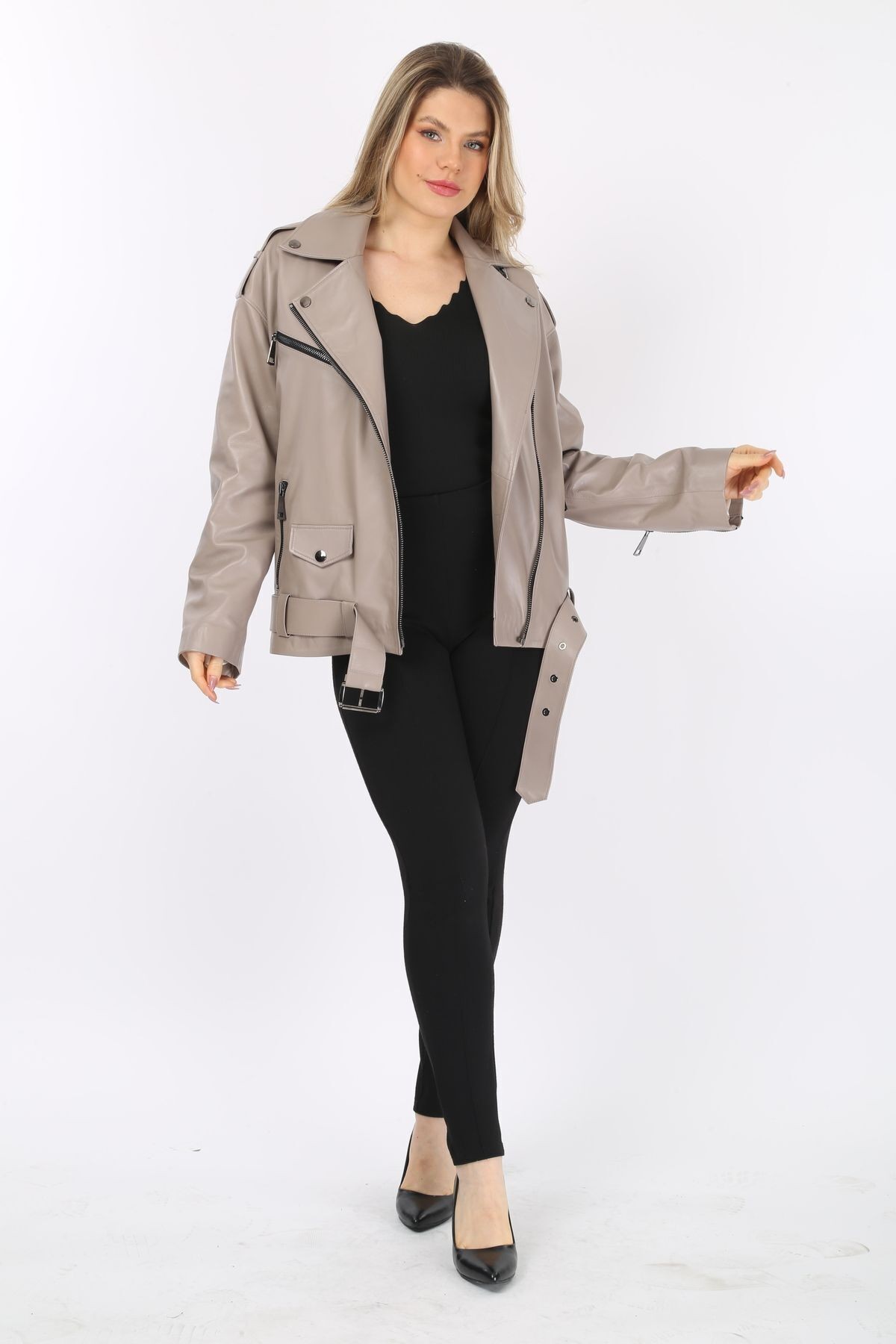Hakiki Deri Bej Kaban, Kruvaze Yaka, Kadın Deri Ceket, Kemerli Oversize, 70 Cm Uzunluk