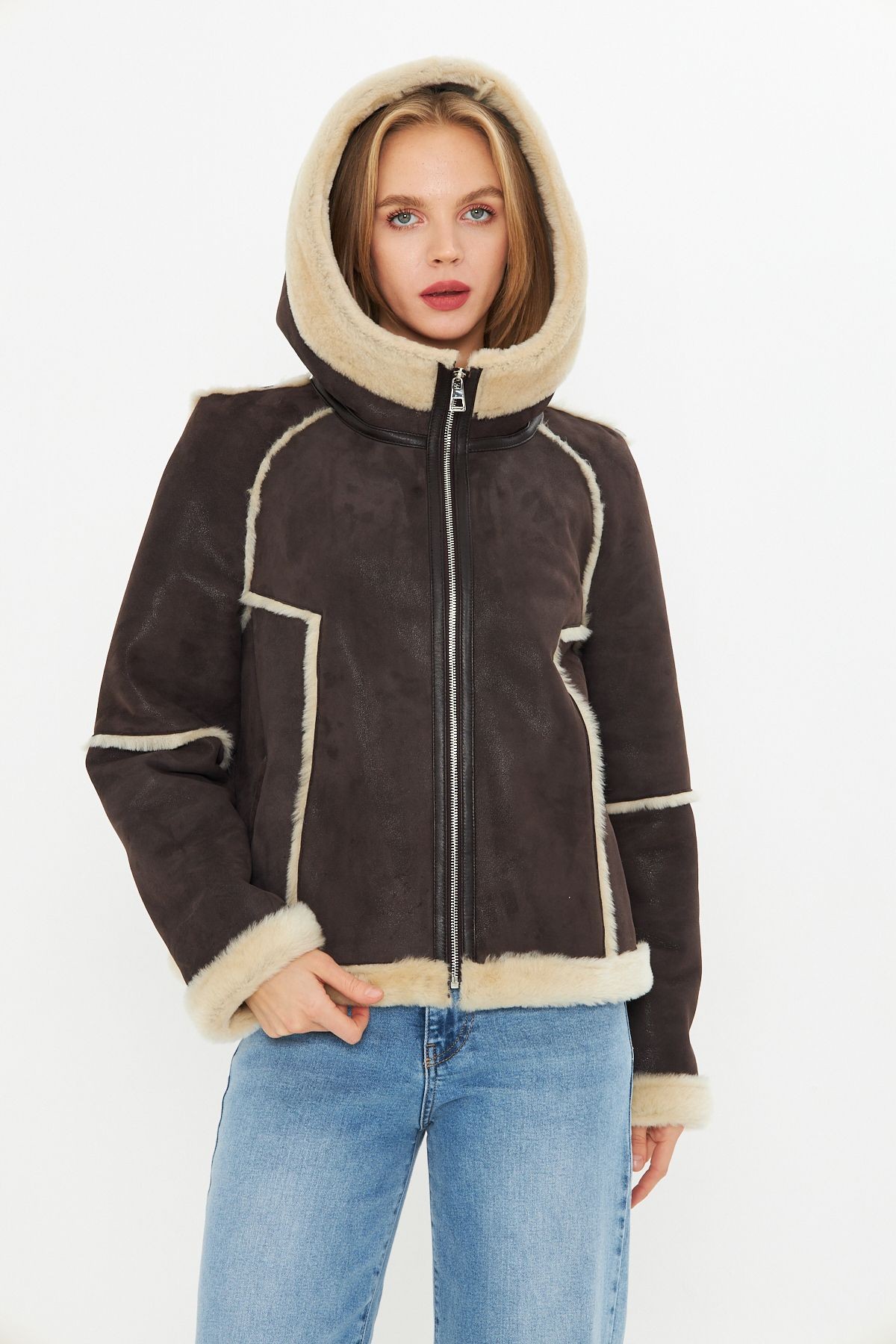 Hakiki Deri Kapüşonlu Oversize Kadın Mont - İçi Kürklü - Kahverengi 65 cm - 115522 - nubuk kahverengi