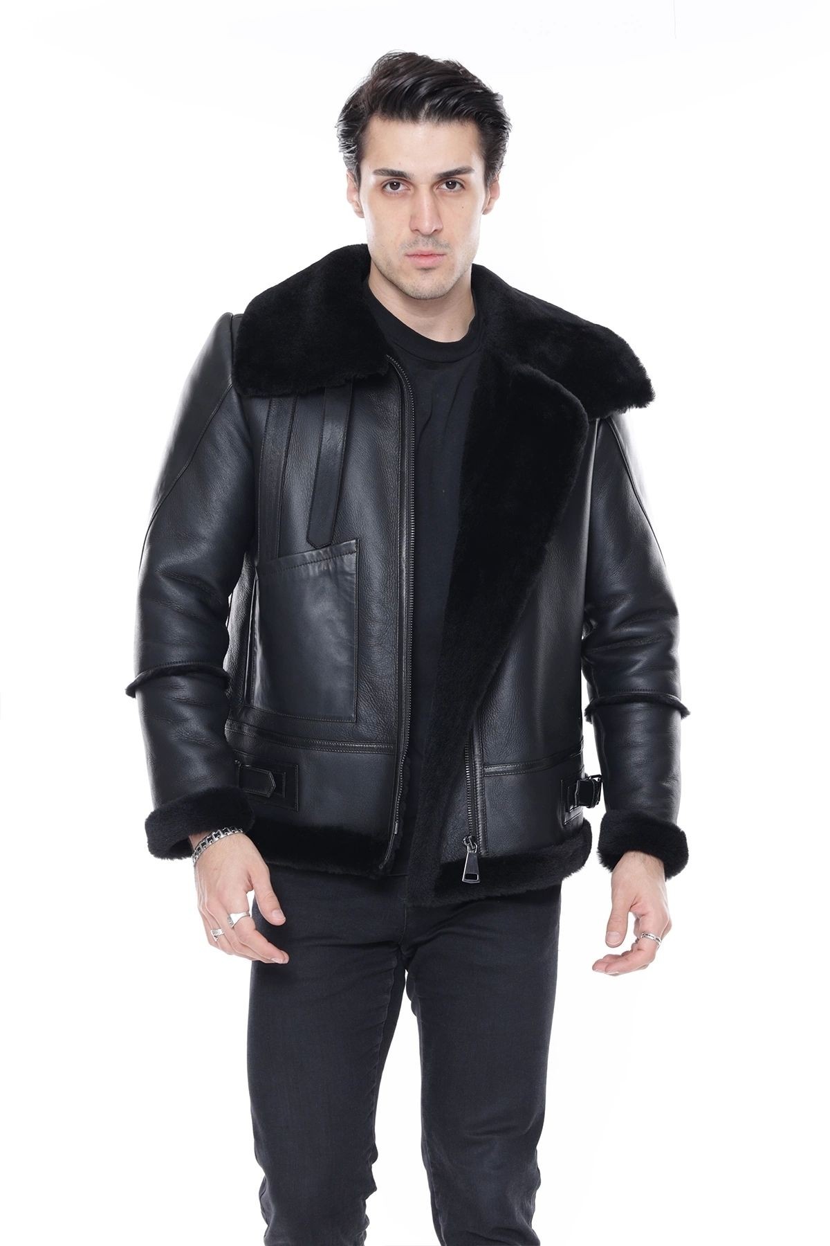 Erkek Hakiki Deri Mont, Balıkçı Yaka, Siyah Kürklü, Fermuar Kapamalı, Oversize Model - 500422