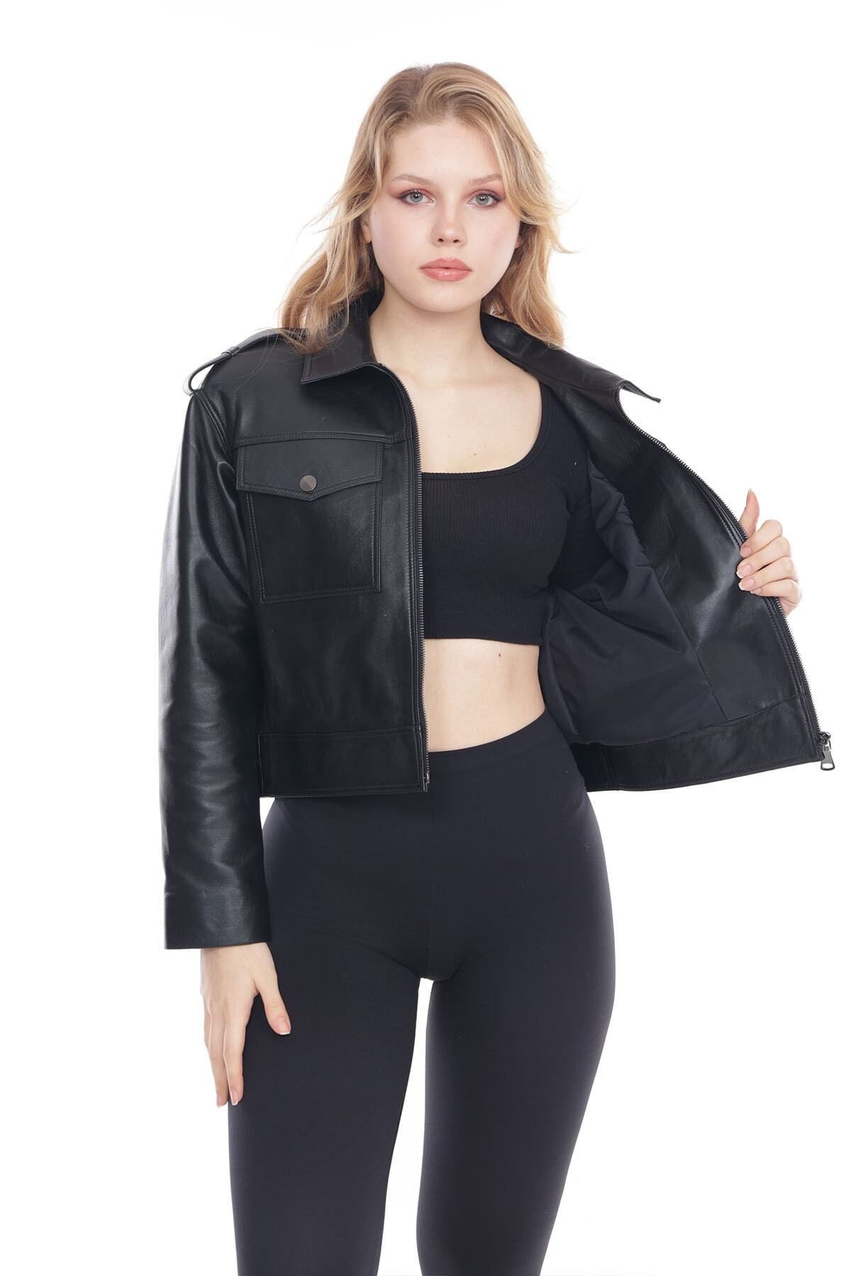 Kadın Hakiki Deri Ceket, Gömlek Yaka, Fit Kesim, Crop Model, 1. Sınıf Kalite - 109822