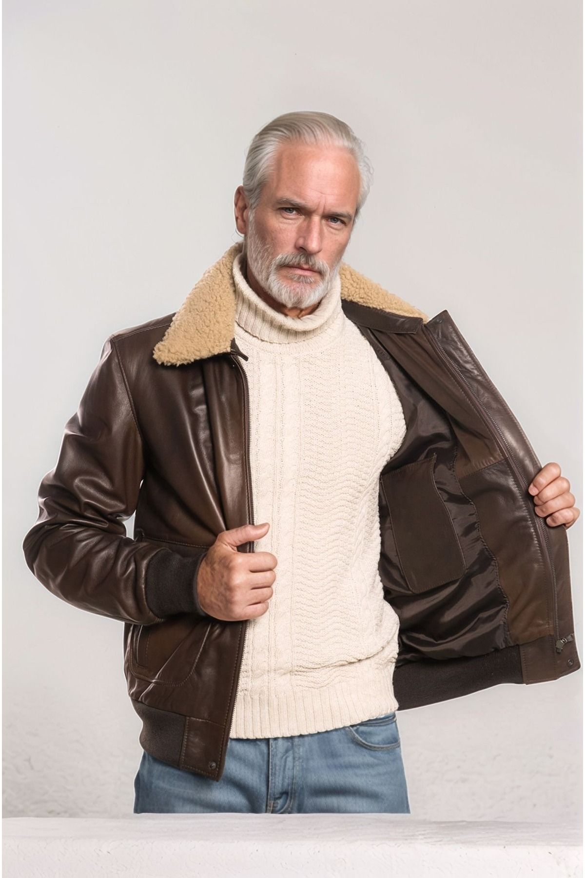 Erkek Hakiki Deri Ceket, Kahverengi, Çıkarılabilir Kürk Yakalı, Çok Cepli, Vintage Tasarım -  502722