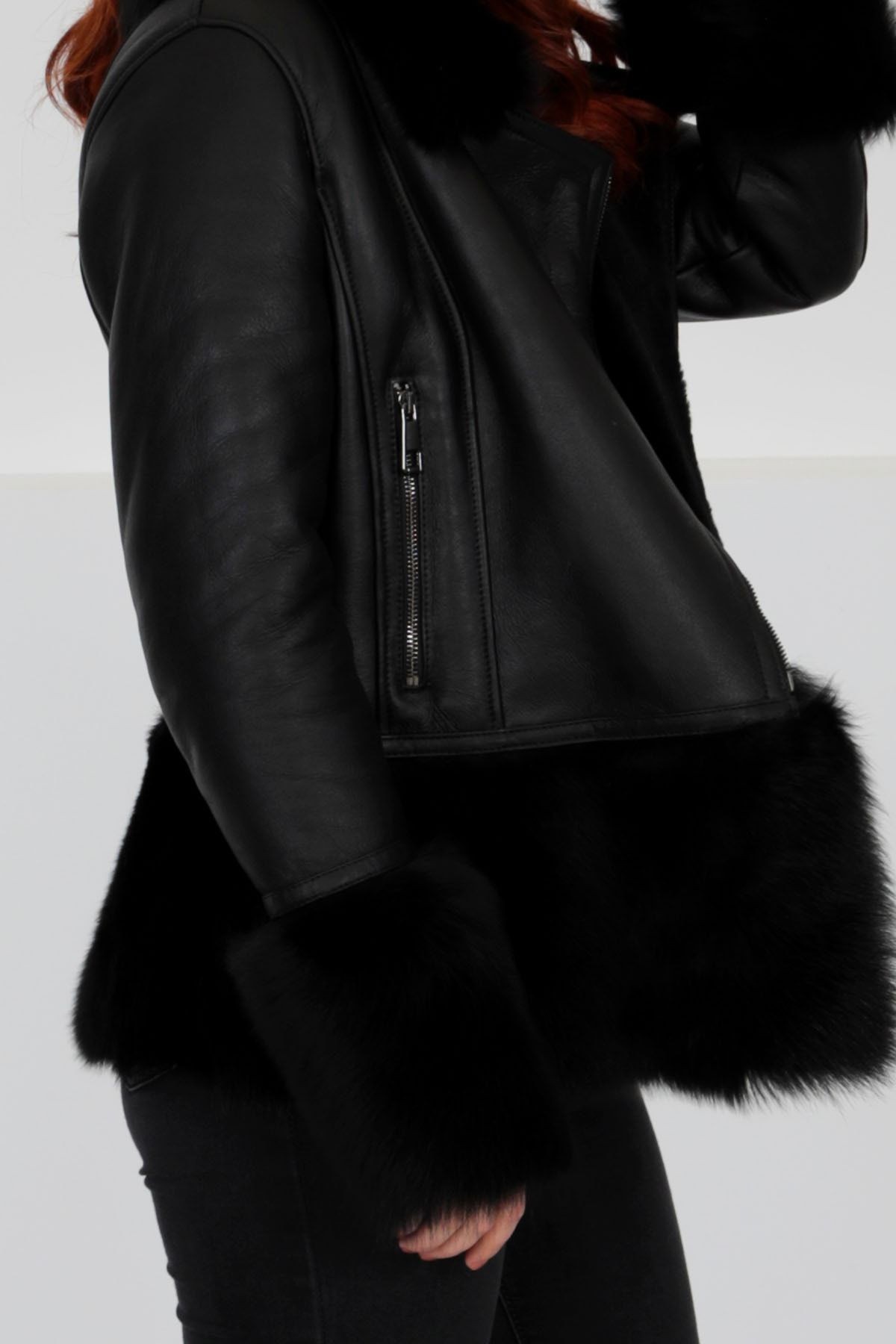 Lux Hakiki Deri Mont, Gösterişli Kürk Yaka/bilek/etek, Su Geçirmez - Siyah Elegant Fur - 103422