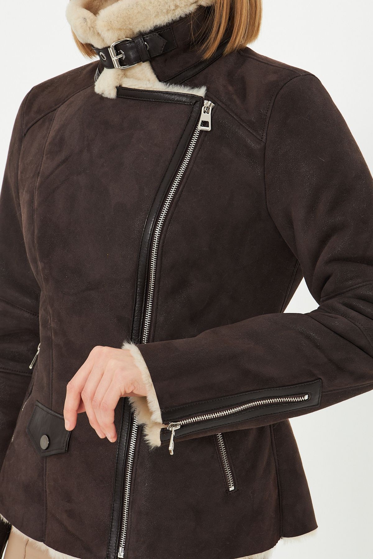 Hakiki Nubuk Deri Kadın Ceket - İçi Kürklü - Fit Kesim Kahverengi 63 cm - 112122