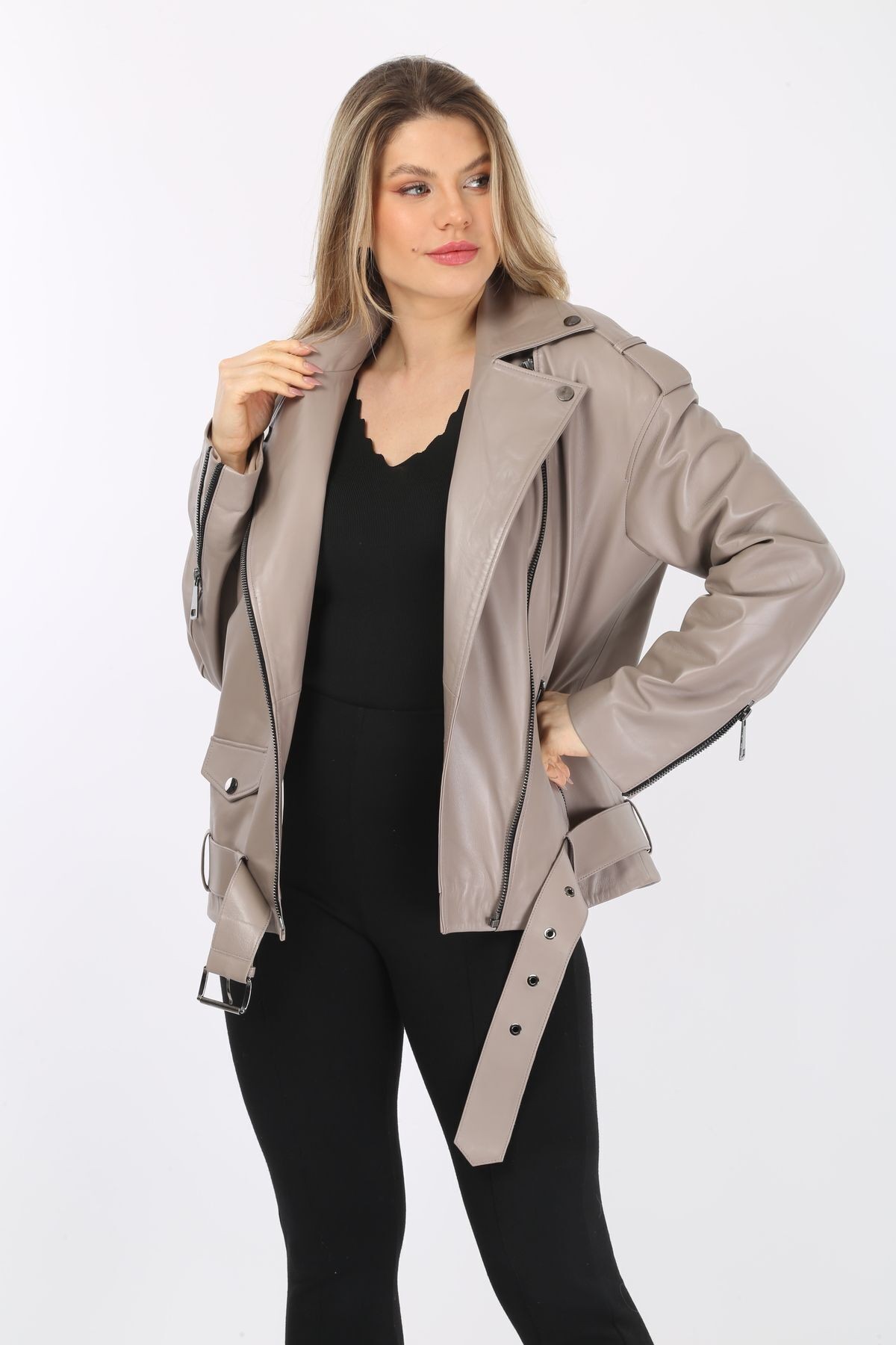 Hakiki Deri Bej Kaban, Kruvaze Yaka, Kadın Deri Ceket, Kemerli Oversize, 70 Cm Uzunluk