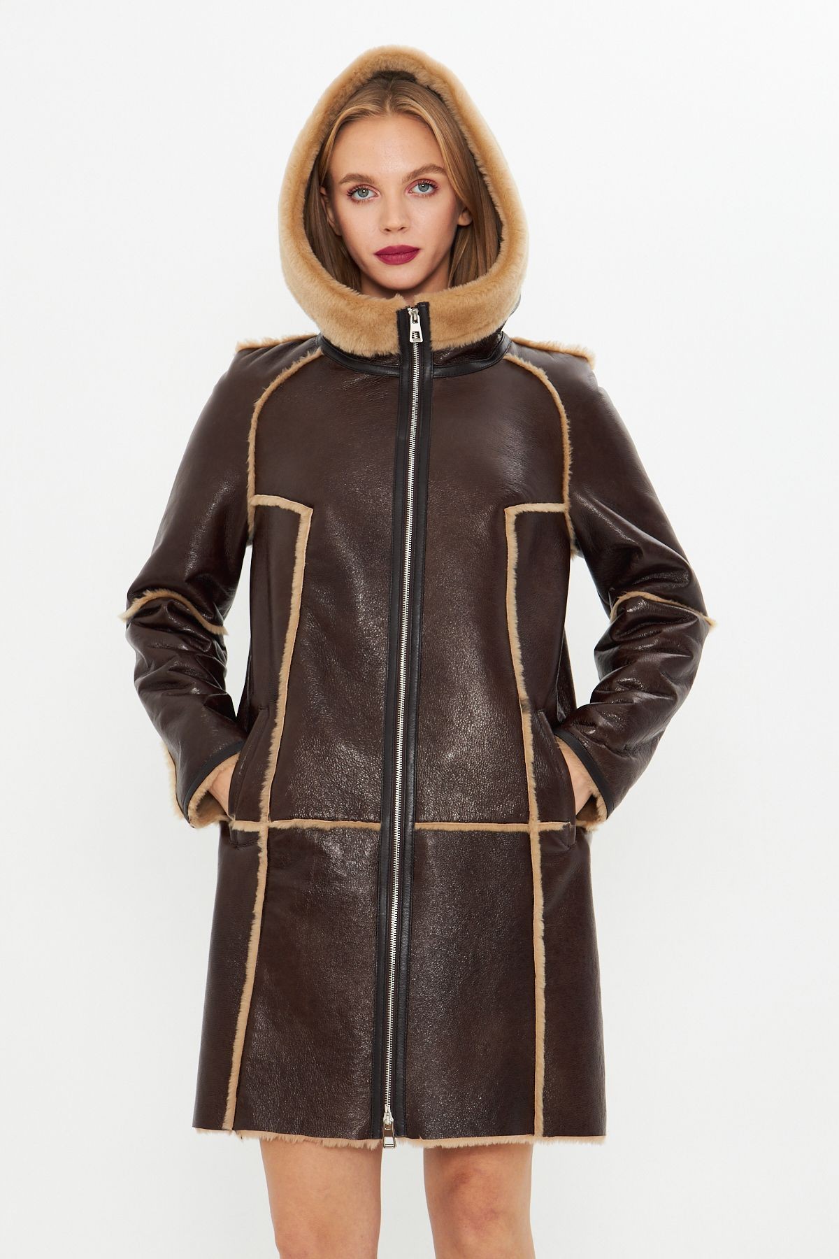 Hakiki Deri Kapüşonlu Oversize Kadın Kaban - İçi Kürklü - Koyu Kahverengi 90 cm- 113422 - koyu kahverengi