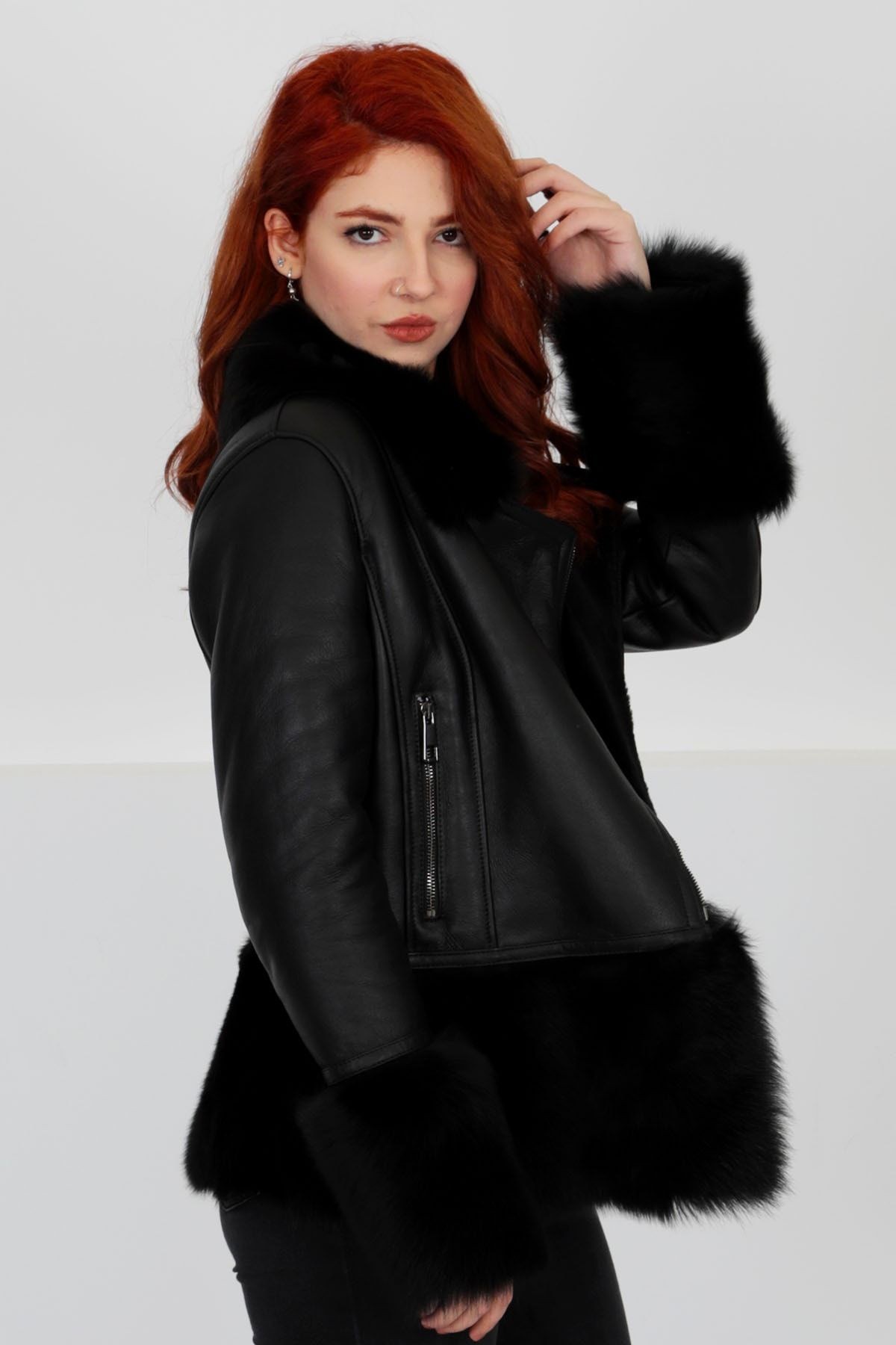 Lux Hakiki Deri Mont, Gösterişli Kürk Yaka/bilek/etek, Su Geçirmez - Siyah Elegant Fur - 103422