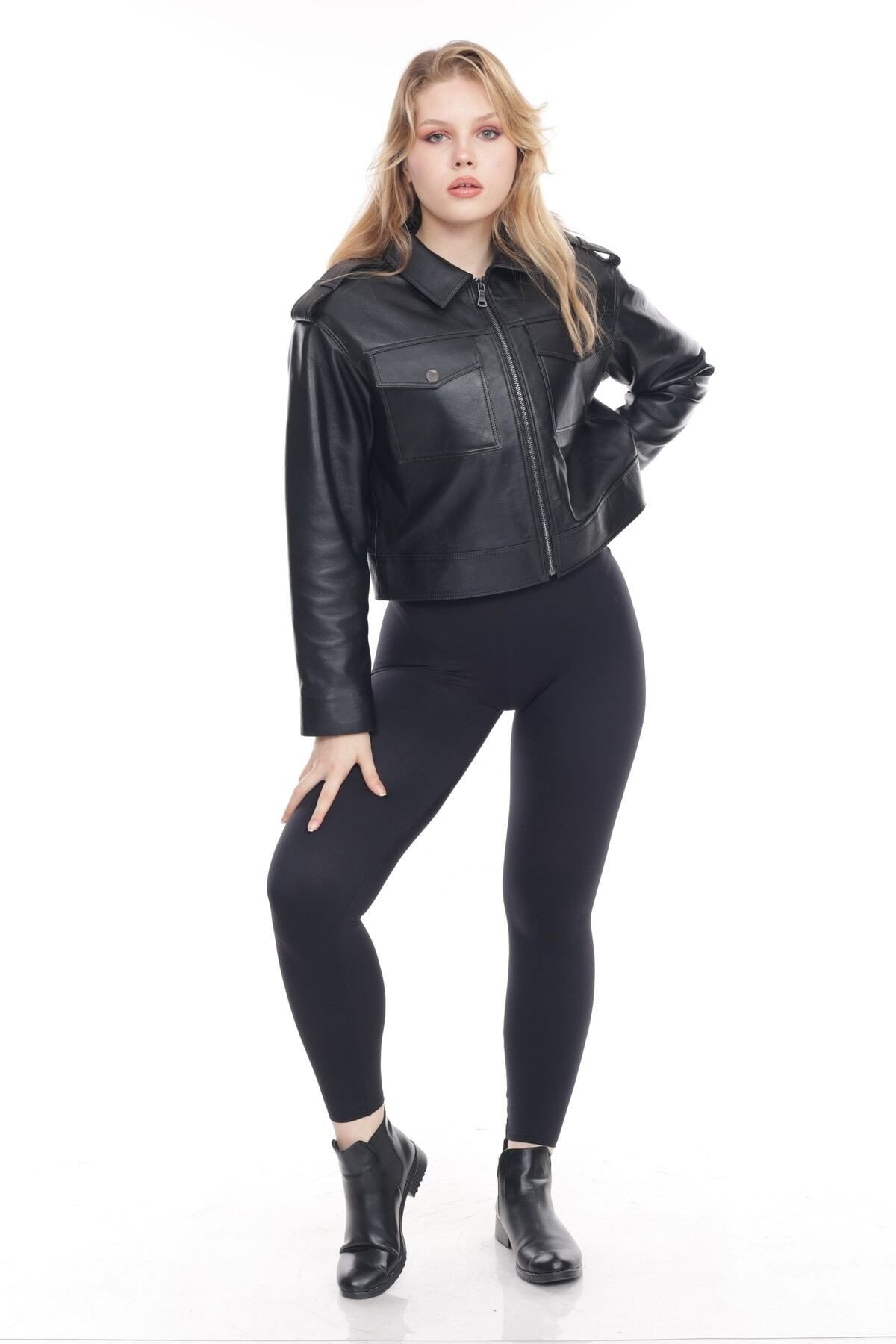 Kadın Hakiki Deri Ceket, Gömlek Yaka, Fit Kesim, Crop Model, 1. Sınıf Kalite - 109822