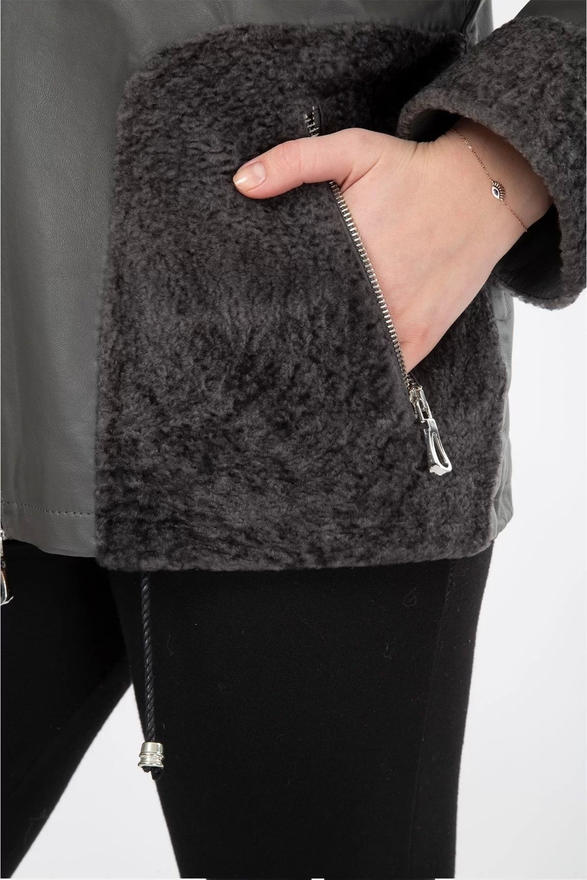 Hakiki Deri Mont Oversize Kürk Detaylı Ceket