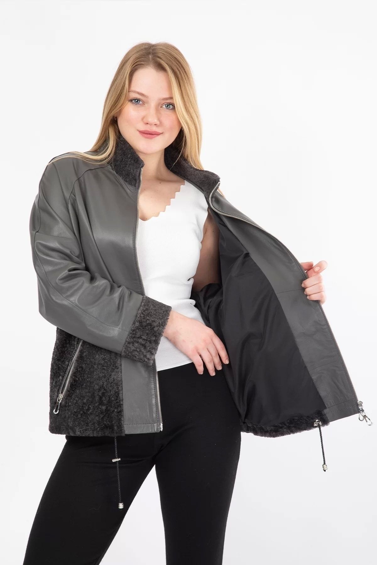 Hakiki Deri Mont Oversize Kürk Detaylı Ceket