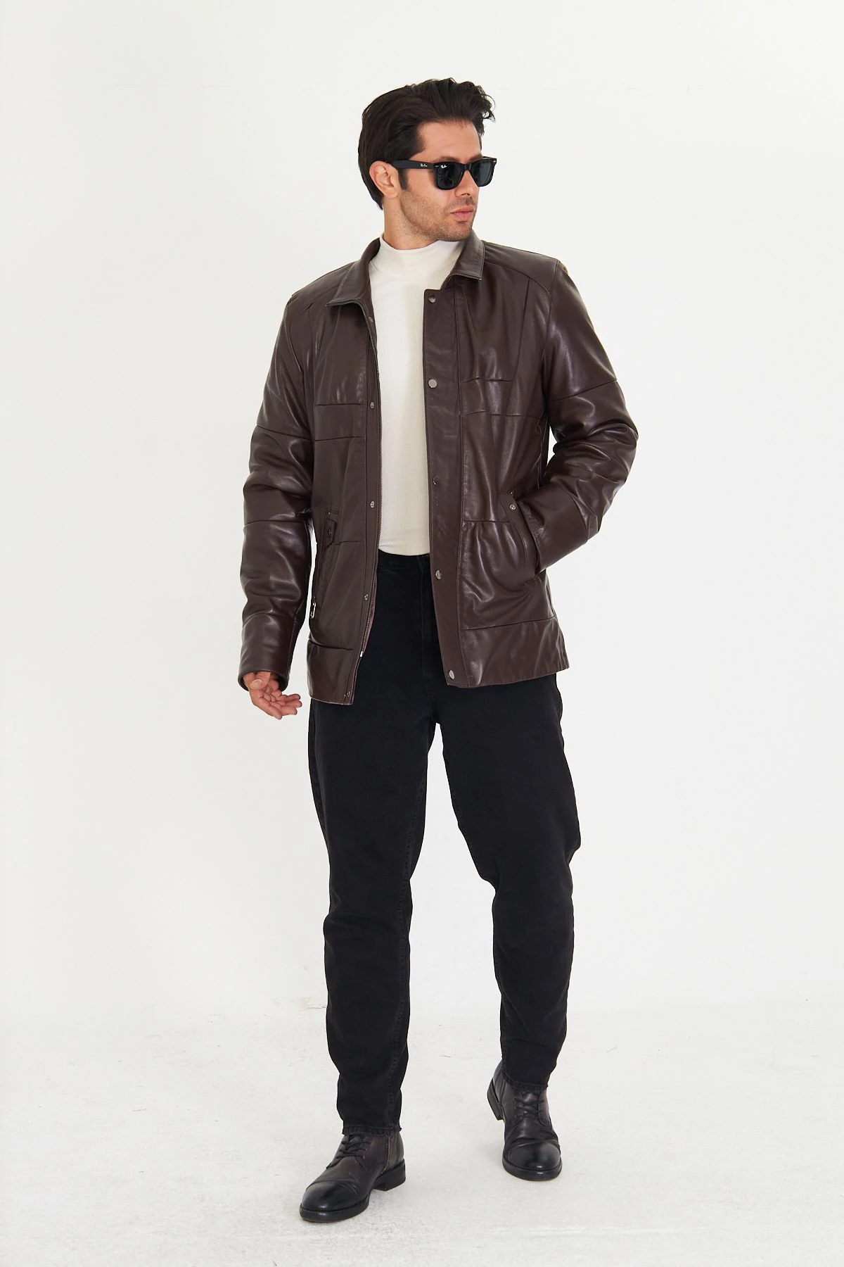 Erkek Kahverengi Hakiki Deri Şişme Mont – Fermuarlı ve Çıtçıt Kapamalı, Astarlı, Regular Kalıp