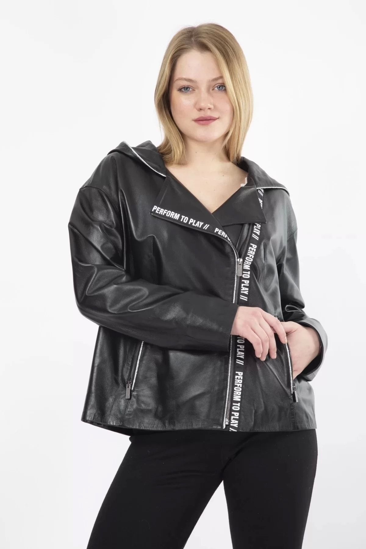 Oversize Kapüşonlu Yağmurluk Hakiki Deri Mont Baharlık