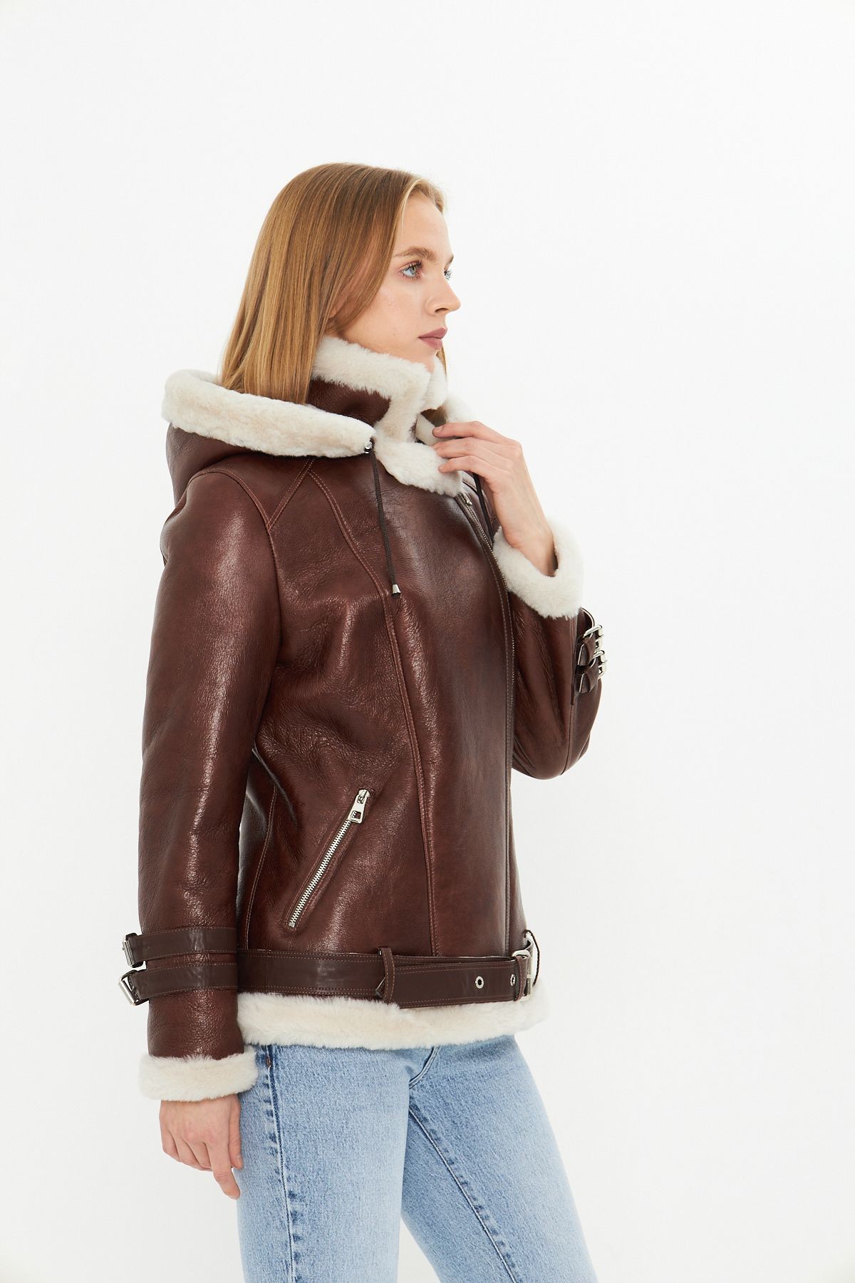 Hakiki Deri Kapüşonlu Kadın Kaban - İçi Kürklü, Kemerli - Kahverengi 70 cm- 103022