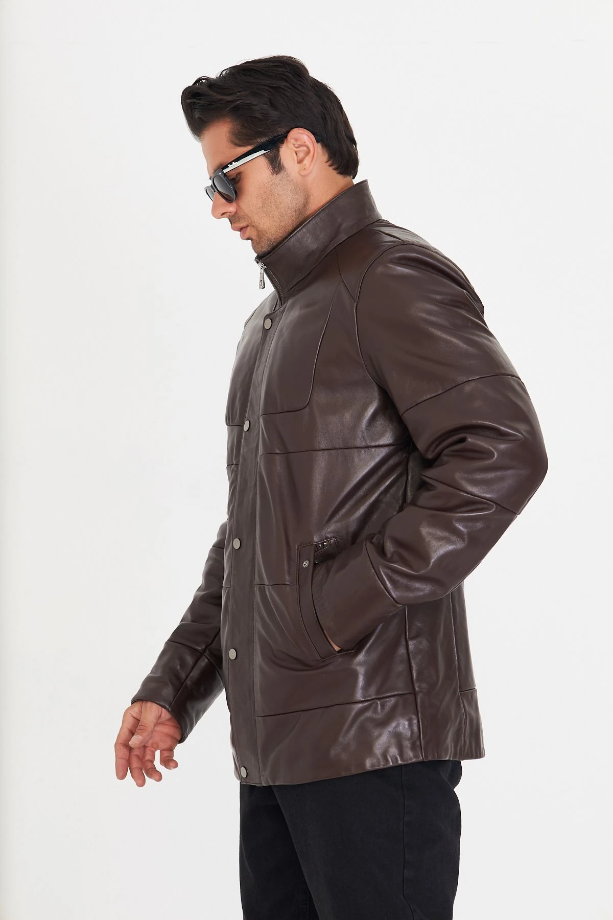 Erkek Kahverengi Hakiki Deri Şişme Mont – Fermuarlı ve Çıtçıt Kapamalı, Astarlı, Regular Kalıp