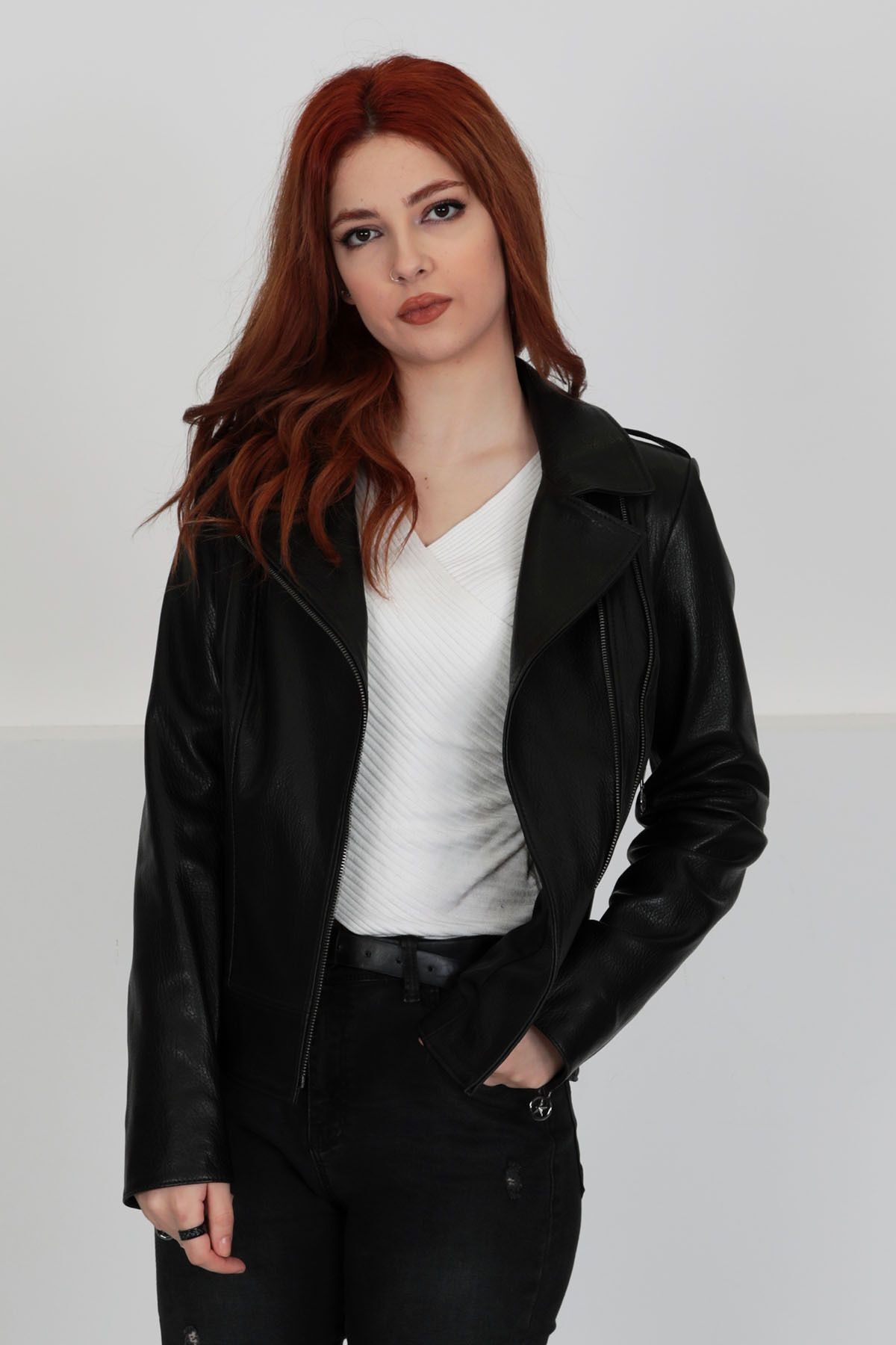 Hakiki Deri Ceket, Çift Fermuarlı, Kadın, Siyah, Baharlık, 65 Cm