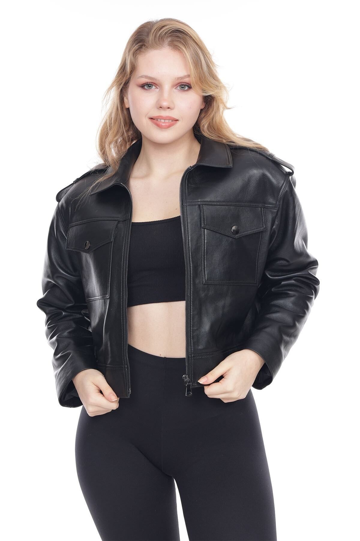 Kadın Hakiki Deri Ceket, Gömlek Yaka, Fit Kesim, Crop Model, 1. Sınıf Kalite - 109822