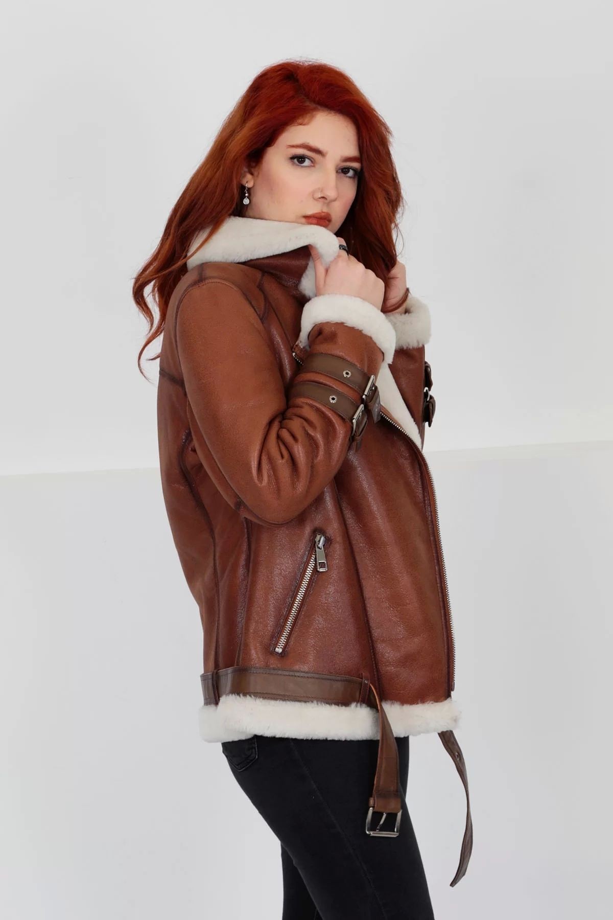 Hakiki Deri Kaban, Içi Kürklü, Kemerli, Kollarda Kemer Detaylı, Taba, 70 Cm - 102622