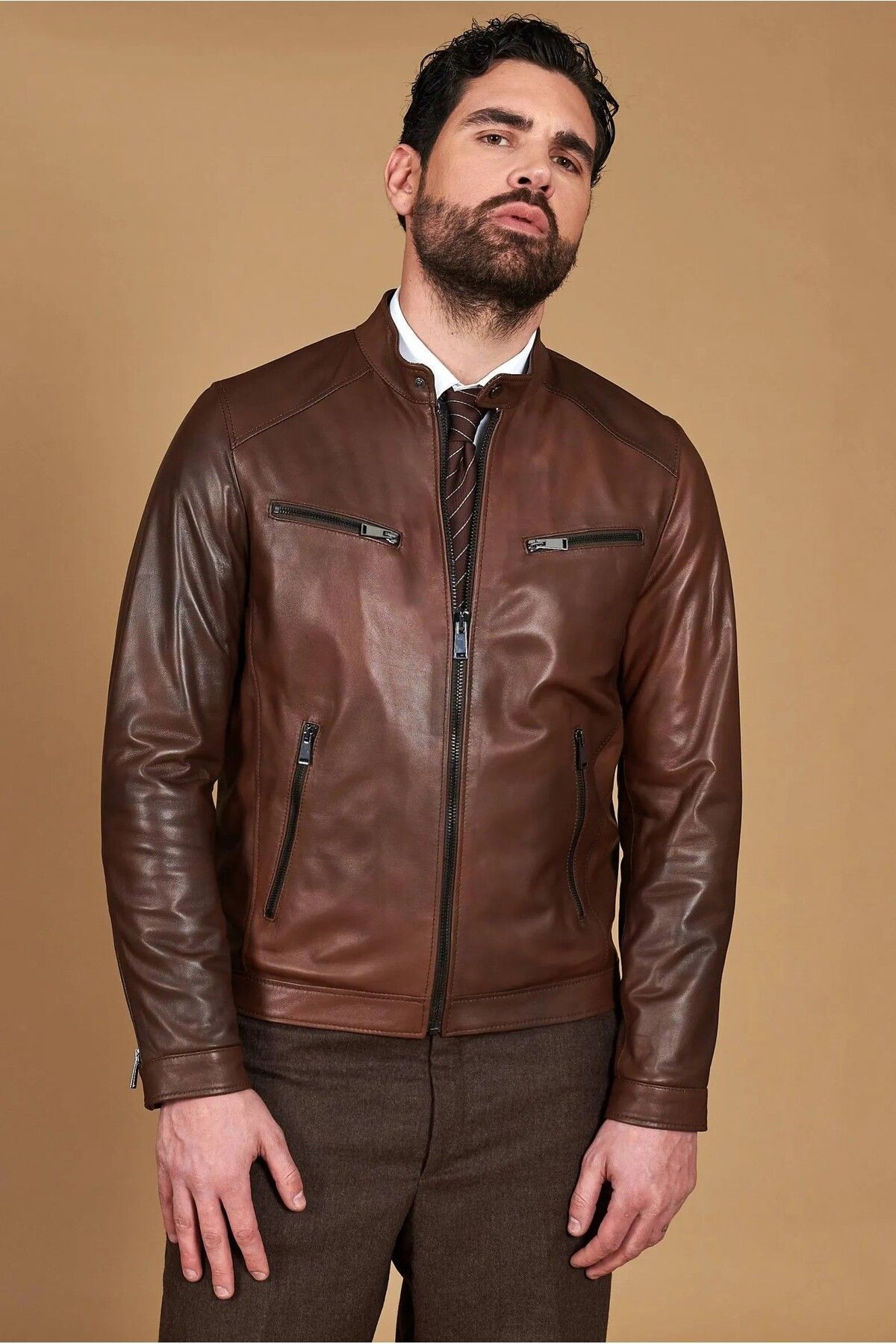 Erkek Hakiki Deri Ceket – Bisiklet Yaka, 6 Cepli, Astarlı, 67 cm, Baharlık - 505422
