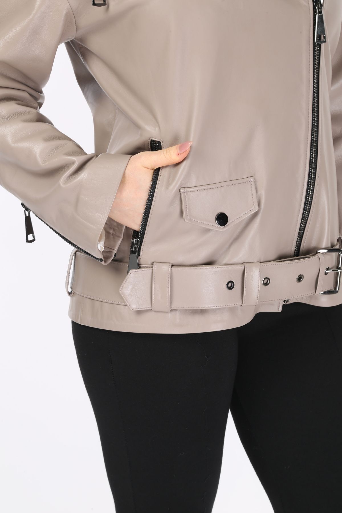 Hakiki Deri Bej Kaban, Kruvaze Yaka, Kadın Deri Ceket, Kemerli Oversize, 70 Cm Uzunluk