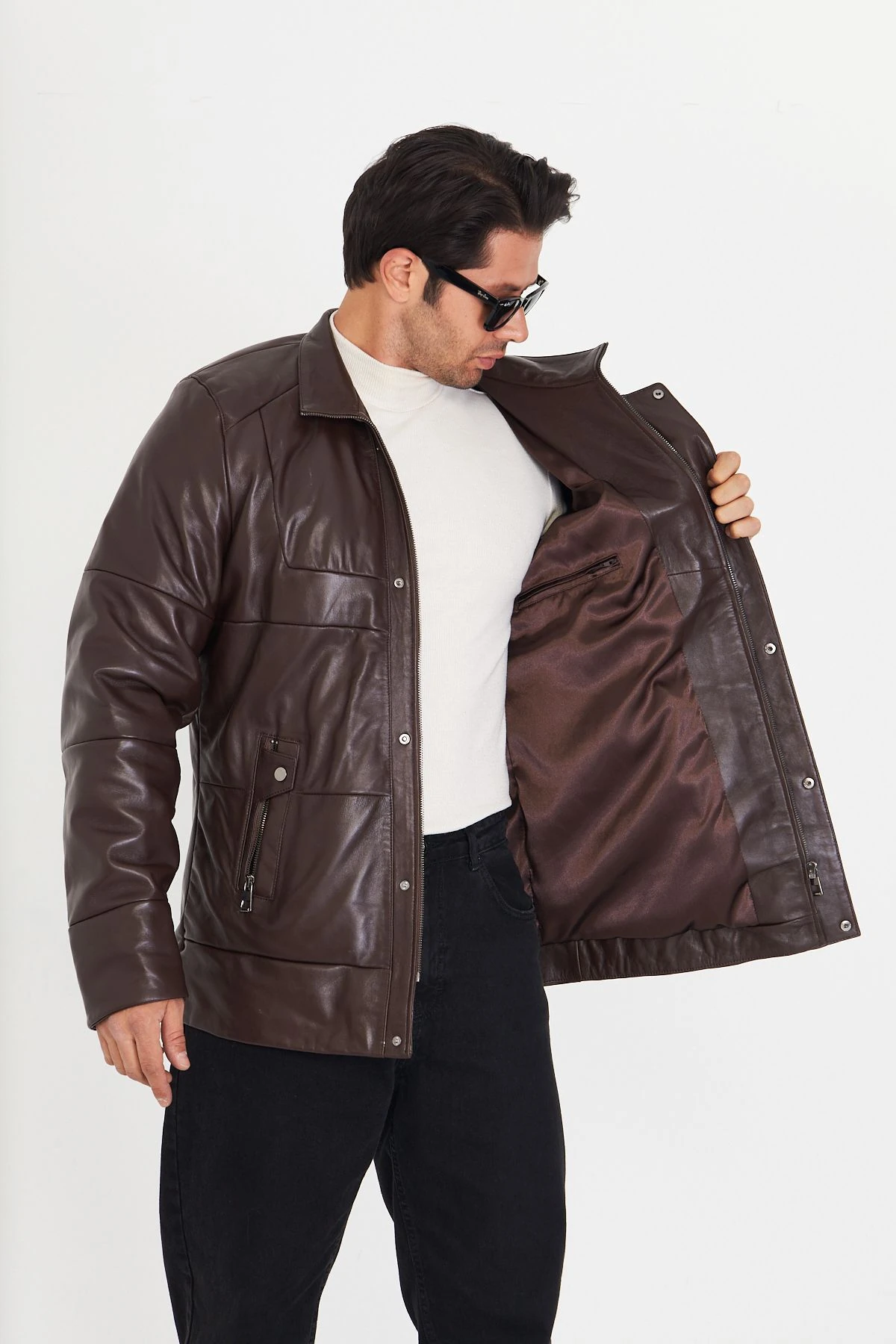 Erkek Kahverengi Hakiki Deri Şişme Mont – Fermuarlı ve Çıtçıt Kapamalı, Astarlı, Regular Kalıp