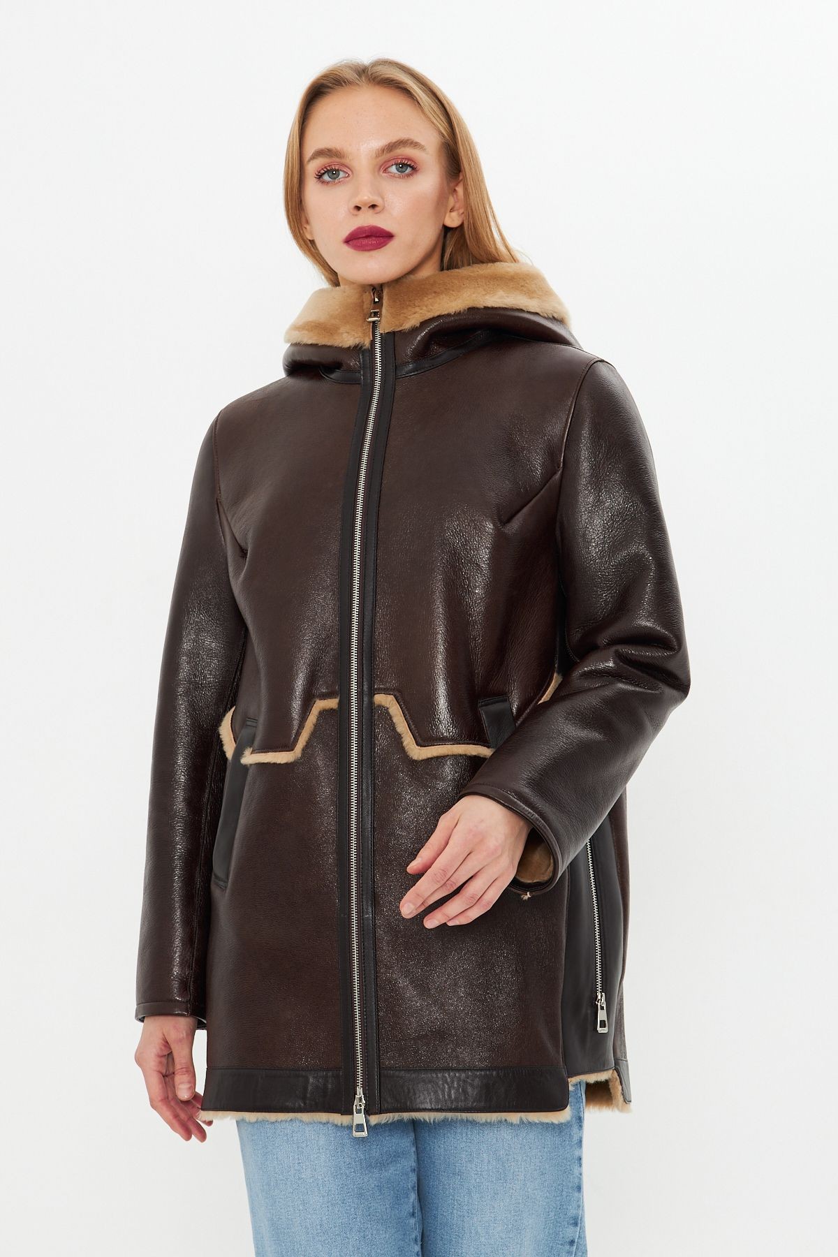 Hakiki Deri Kaban - Kahverengi, İçi Kürklü, Kapüşonlu, Oversize, Fermuarlı, 80 cm - 109922