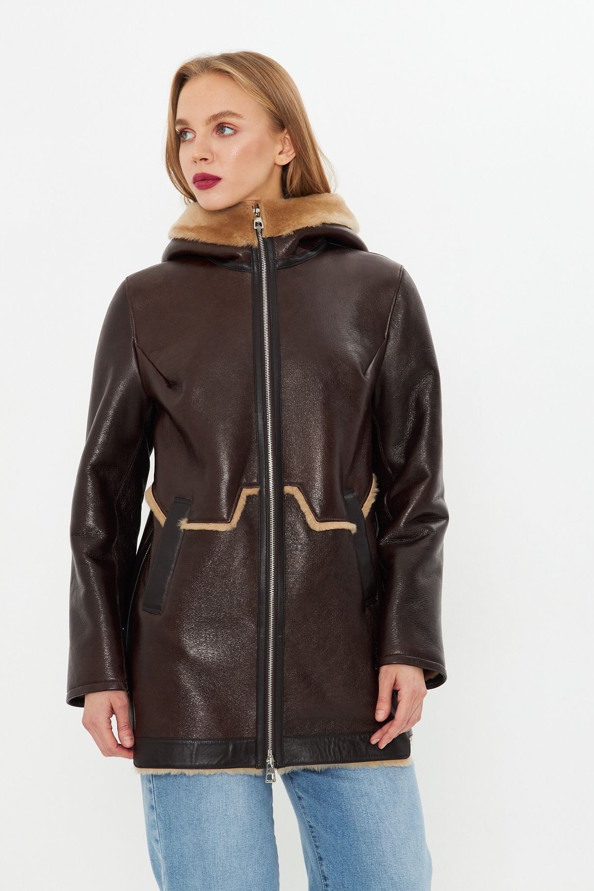 Hakiki Deri Kaban - Kahverengi, İçi Kürklü, Kapüşonlu, Oversize, Fermuarlı, 80 cm - 109922