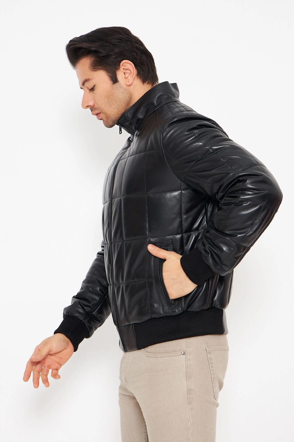 Erkek Hakiki Deri Şişme Mont - Siyah, 70 cm, Hakim Yaka, Fermuarlı, Soğuk Havaya Dayanıklı - 503622