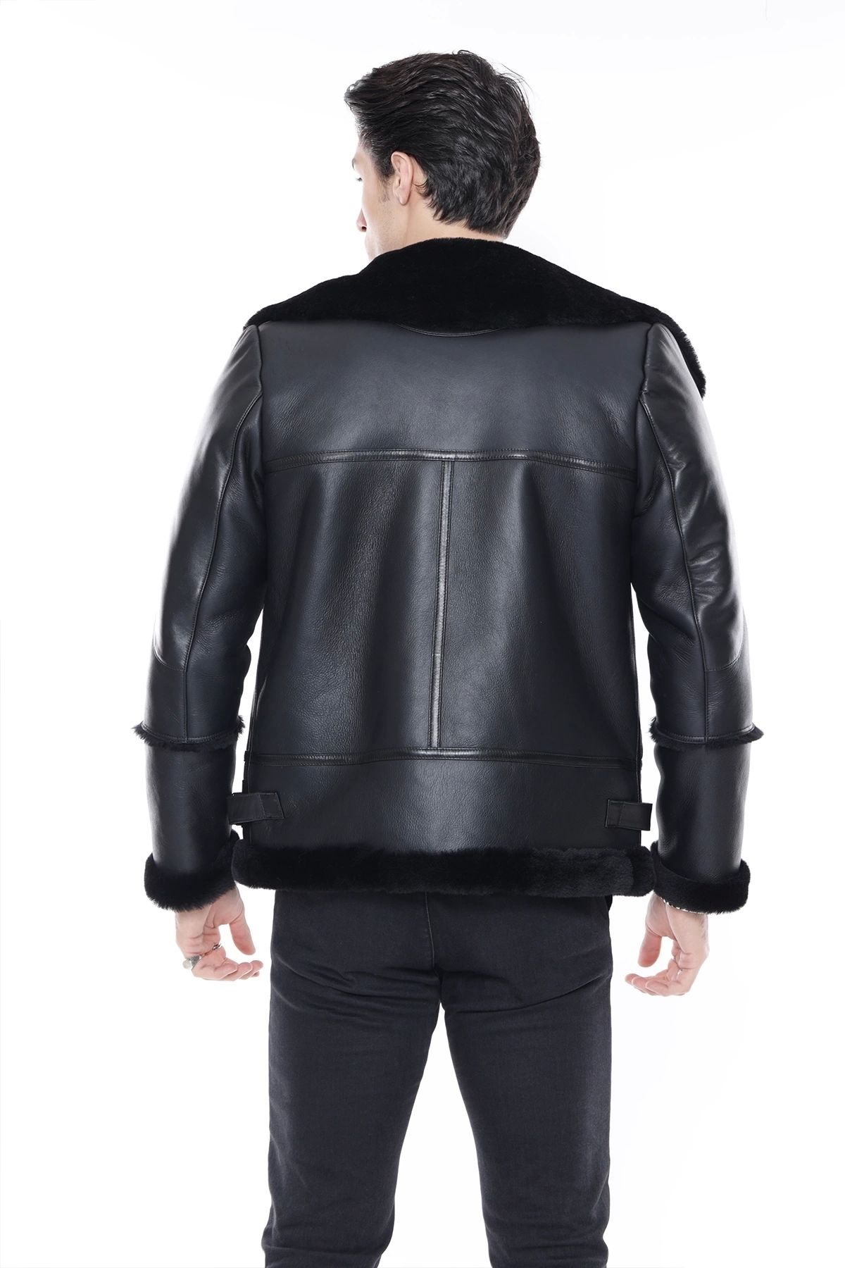 Erkek Hakiki Deri Mont, Balıkçı Yaka, Siyah Kürklü, Fermuar Kapamalı, Oversize Model - 500422
