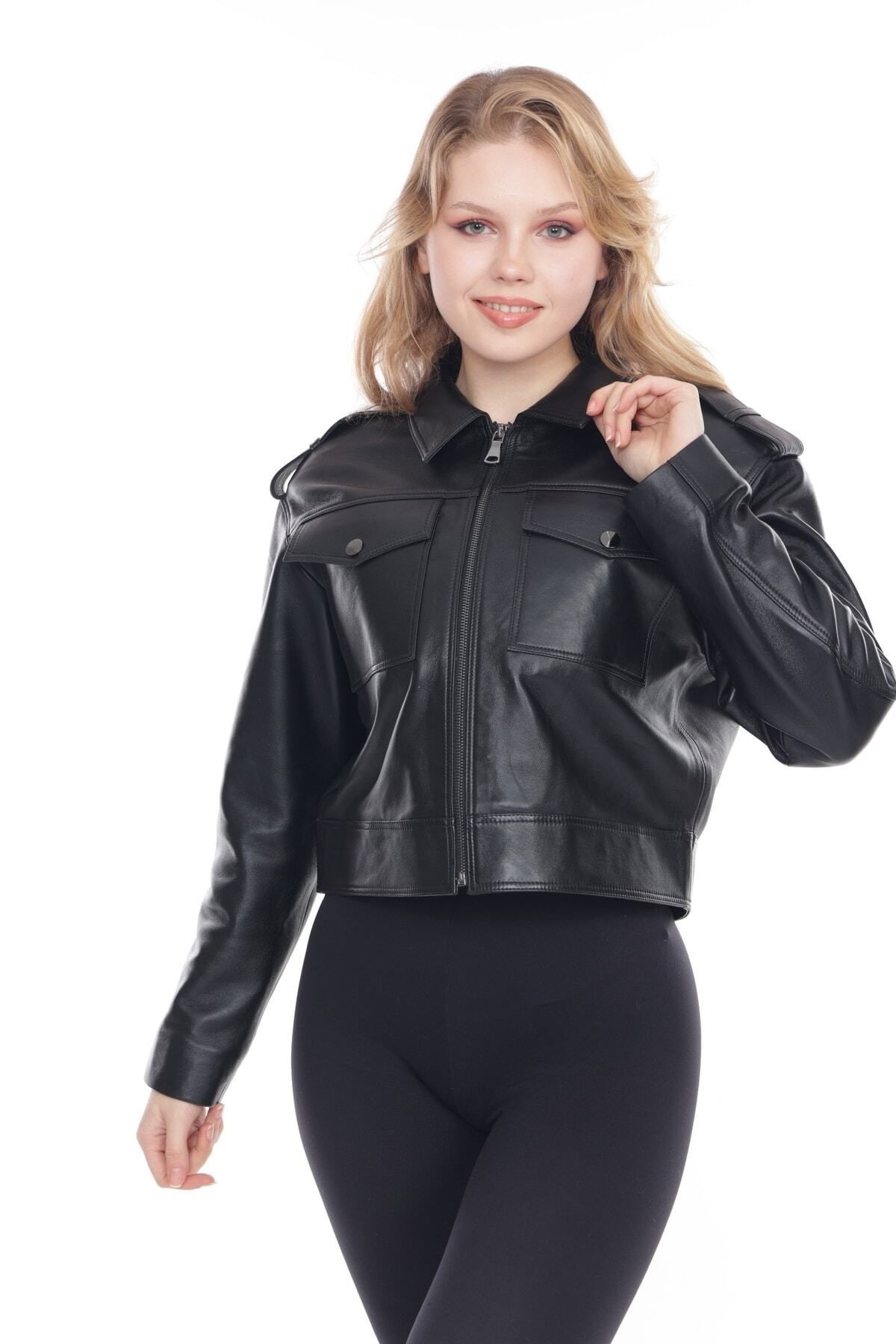 Kadın Hakiki Deri Ceket, Gömlek Yaka, Fit Kesim, Crop Model, 1. Sınıf Kalite - 109822