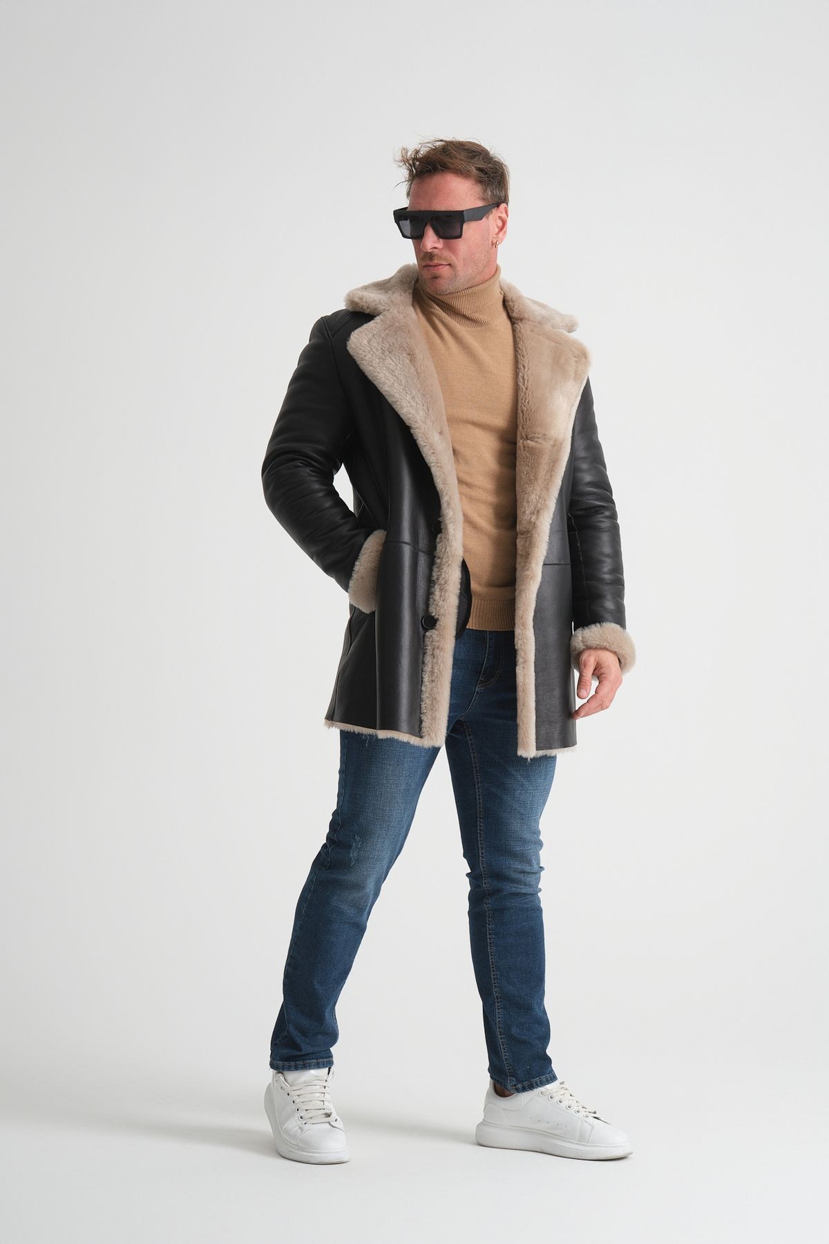 Lüks Erkek Deri Kaban, 90 cm Uzunluk, Hakiki Kürk Yaka, Premium Siyah Dış Yüzey - 500522