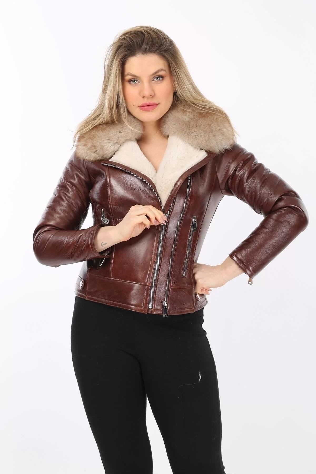Kadın Kahverengi Hakiki Deri Ceket, Vintage Kürk Yakalı, Kemersiz Model, Içi Kürklü - 121072