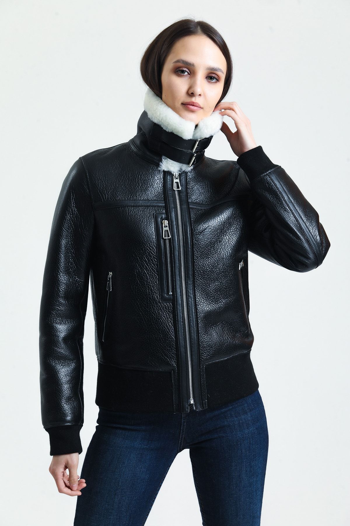 Siyah Hakiki Kürk Mont, Içi Kürklü, Beyaz Kürklü, Kadın Kruvaze Lux Ceket - 110022