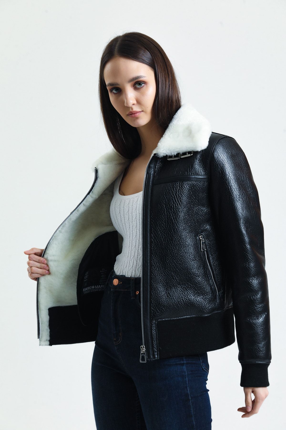 Siyah Hakiki Kürk Mont, Içi Kürklü, Beyaz Kürklü, Kadın Kruvaze Lux Ceket - 110022