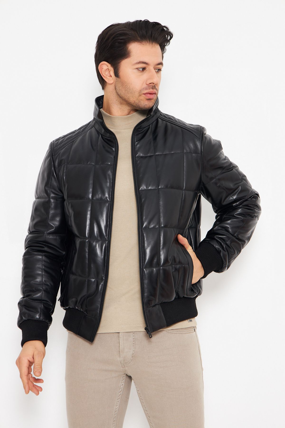 Erkek Hakiki Deri Şişme Mont - Siyah, 70 cm, Hakim Yaka, Fermuarlı, Soğuk Havaya Dayanıklı - 503622