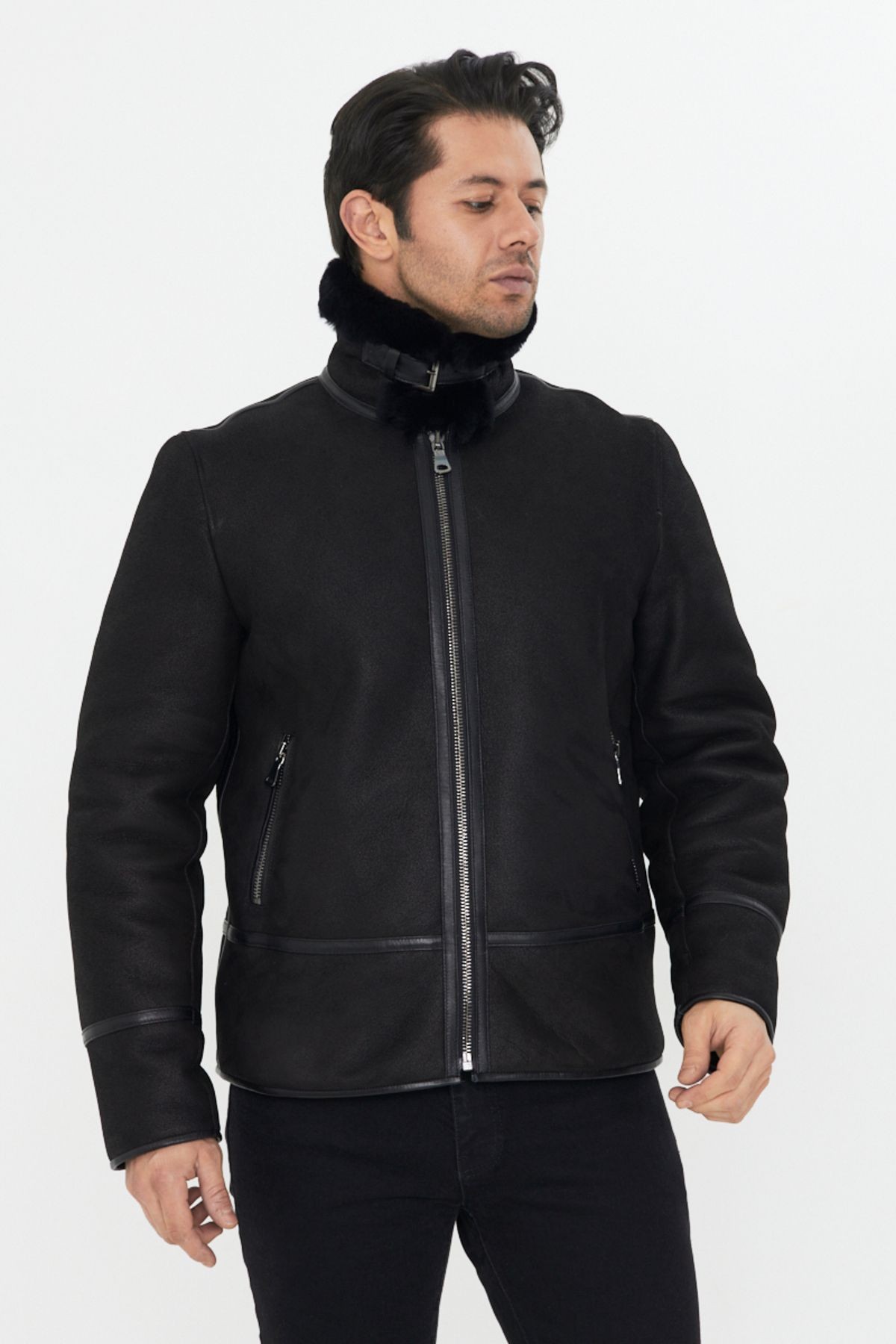 Hakiki Nubuk Deri Erkek Mont - 73 cm, İçi Kürklü, Klasik Model, Siyah - 502122