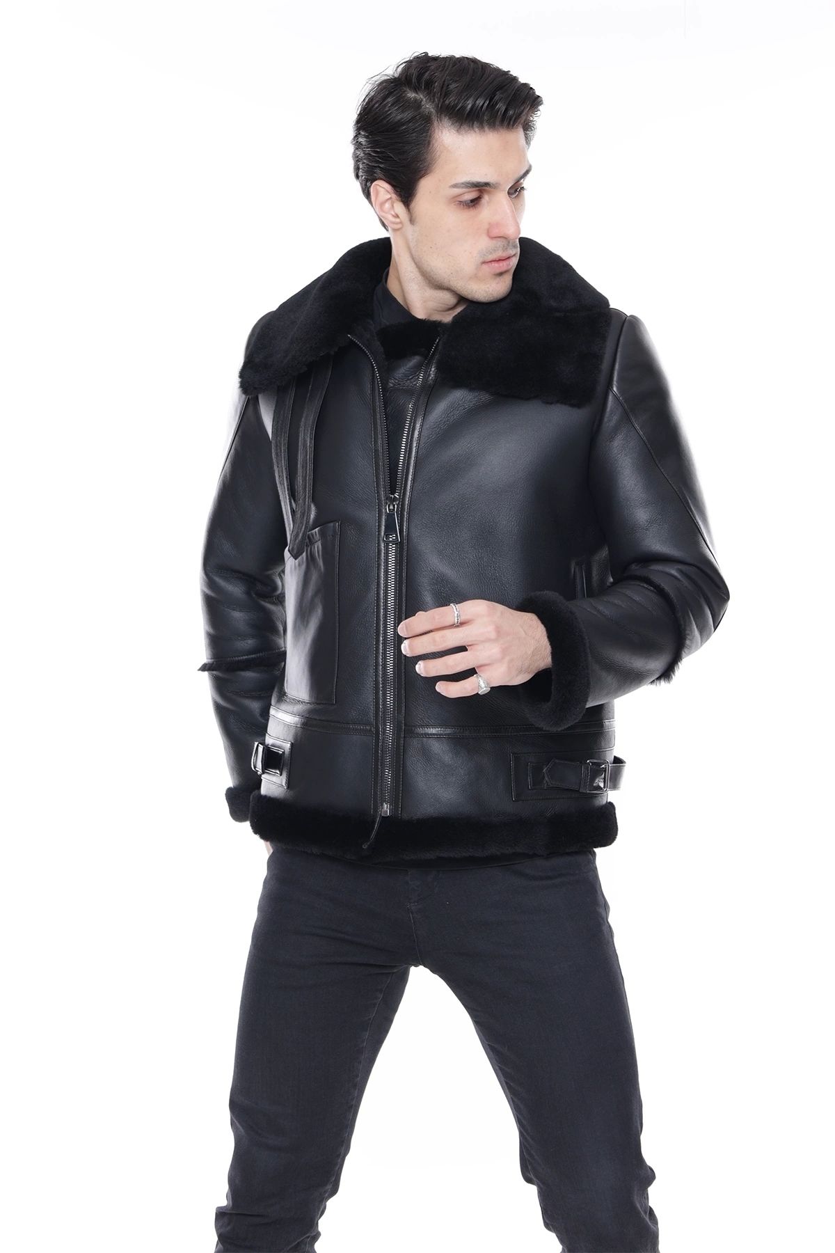 Erkek Hakiki Deri Mont, Balıkçı Yaka, Siyah Kürklü, Fermuar Kapamalı, Oversize Model - 500422