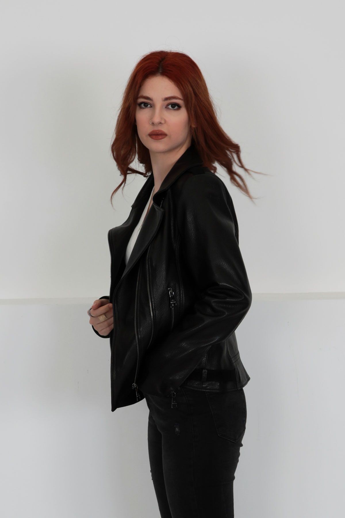 Hakiki Deri Ceket, Çift Fermuarlı, Kadın, Siyah, Baharlık, 65 Cm
