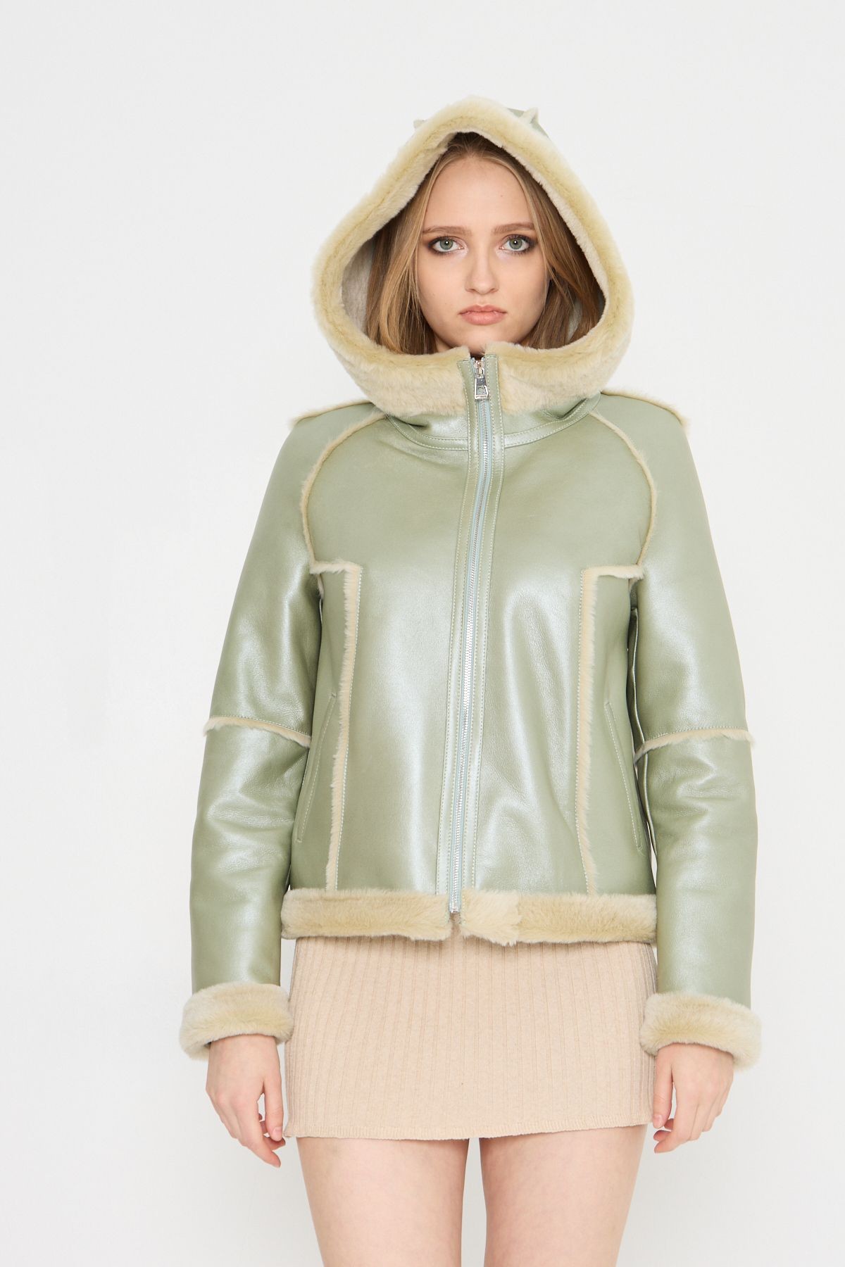 Hakiki Deri Kapüşonlu Oversize Kadın Mont - İçi Kürklü - Kahverengi 65 cm - 115522 - su yeşili