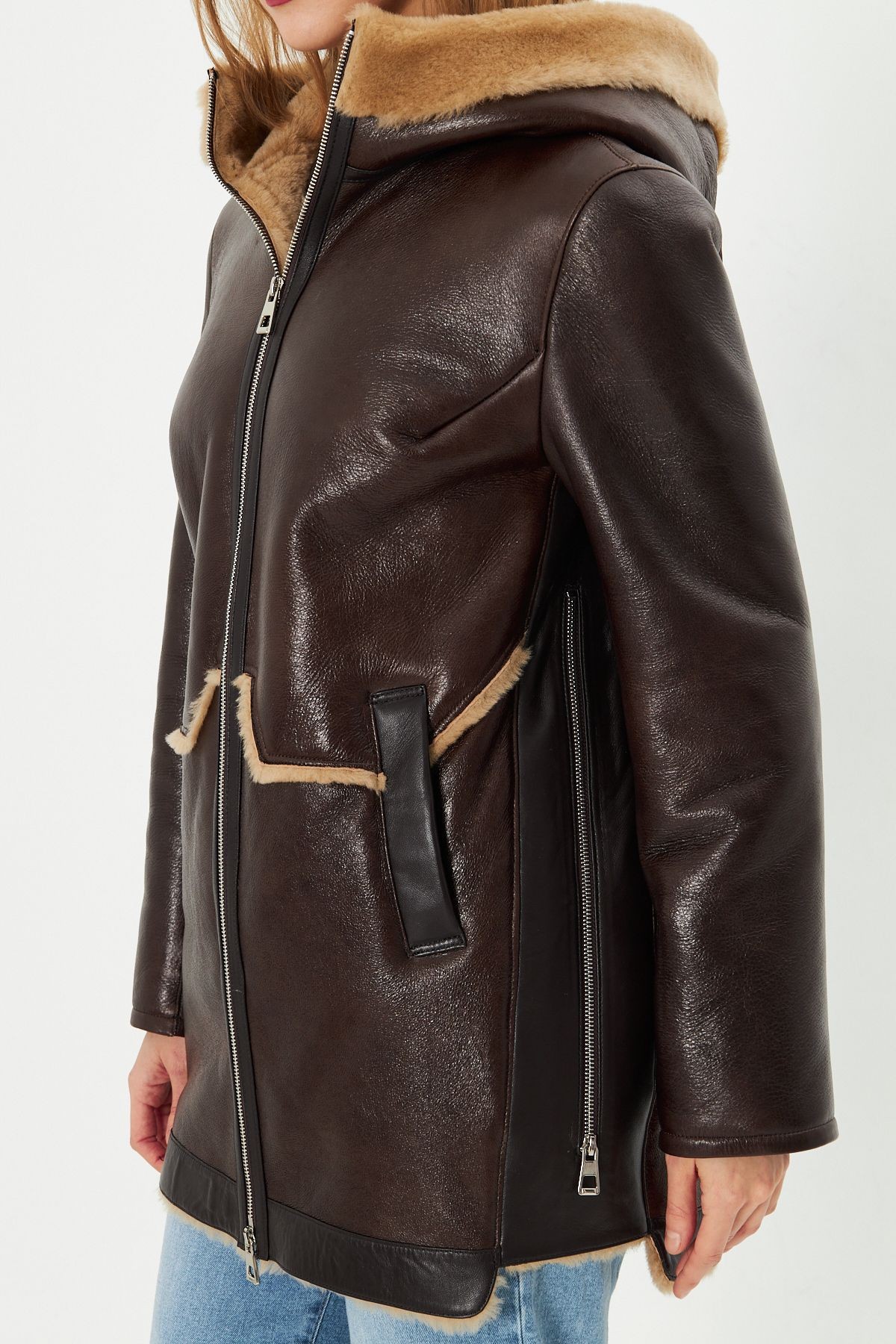Hakiki Deri Kaban - Kahverengi, İçi Kürklü, Kapüşonlu, Oversize, Fermuarlı, 80 cm - 109922