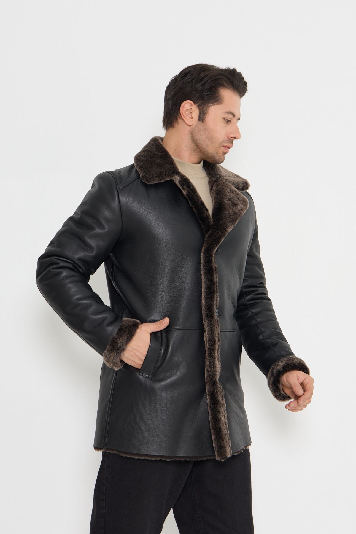 Erkek Hakiki Deri Kaban - Siyah, Gri Doğal Kürklü, Düğme Kapamalı, 85 Cm - 501922