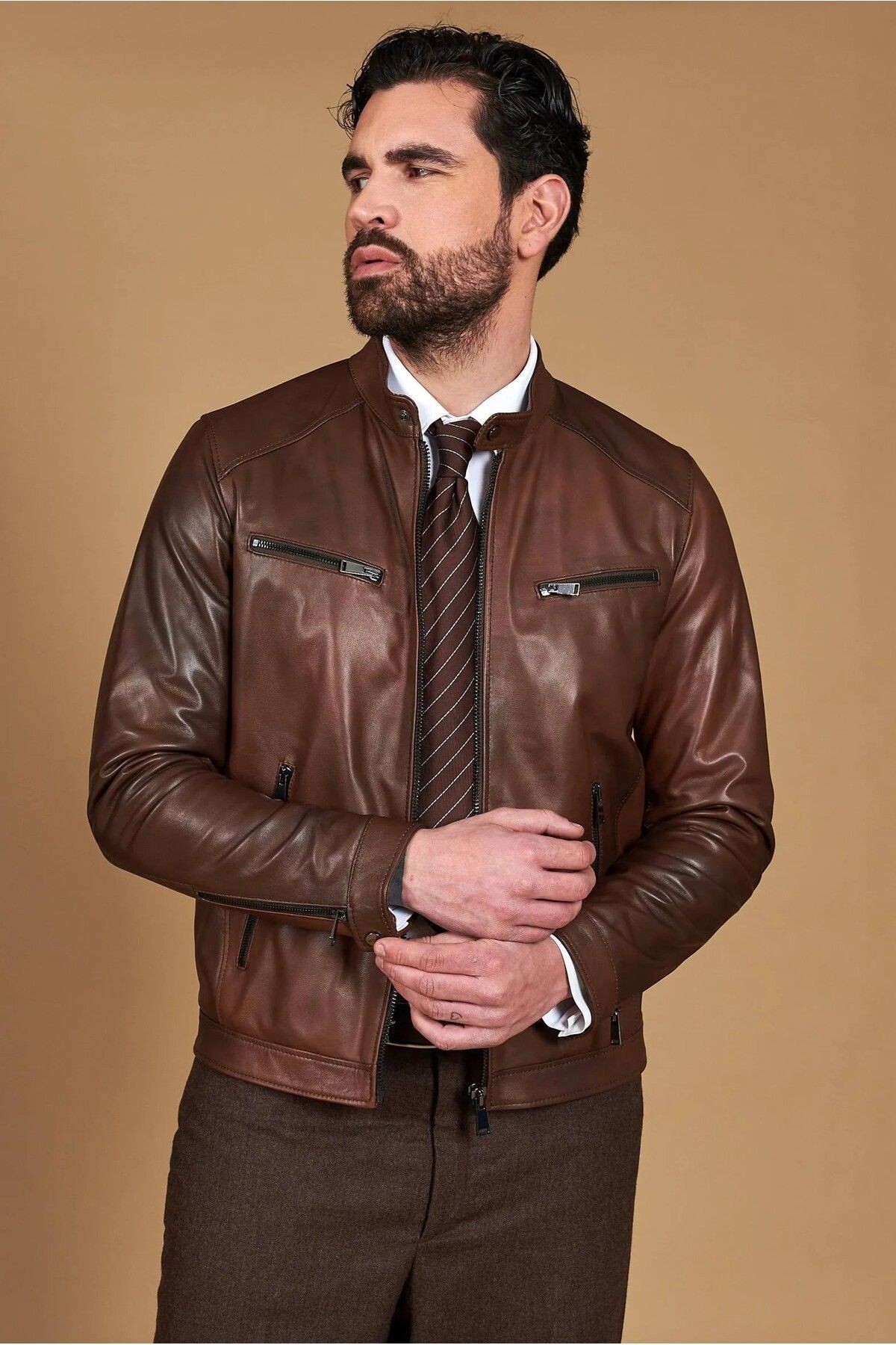 Erkek Hakiki Deri Ceket – Bisiklet Yaka, 6 Cepli, Astarlı, 67 cm, Baharlık - 505422