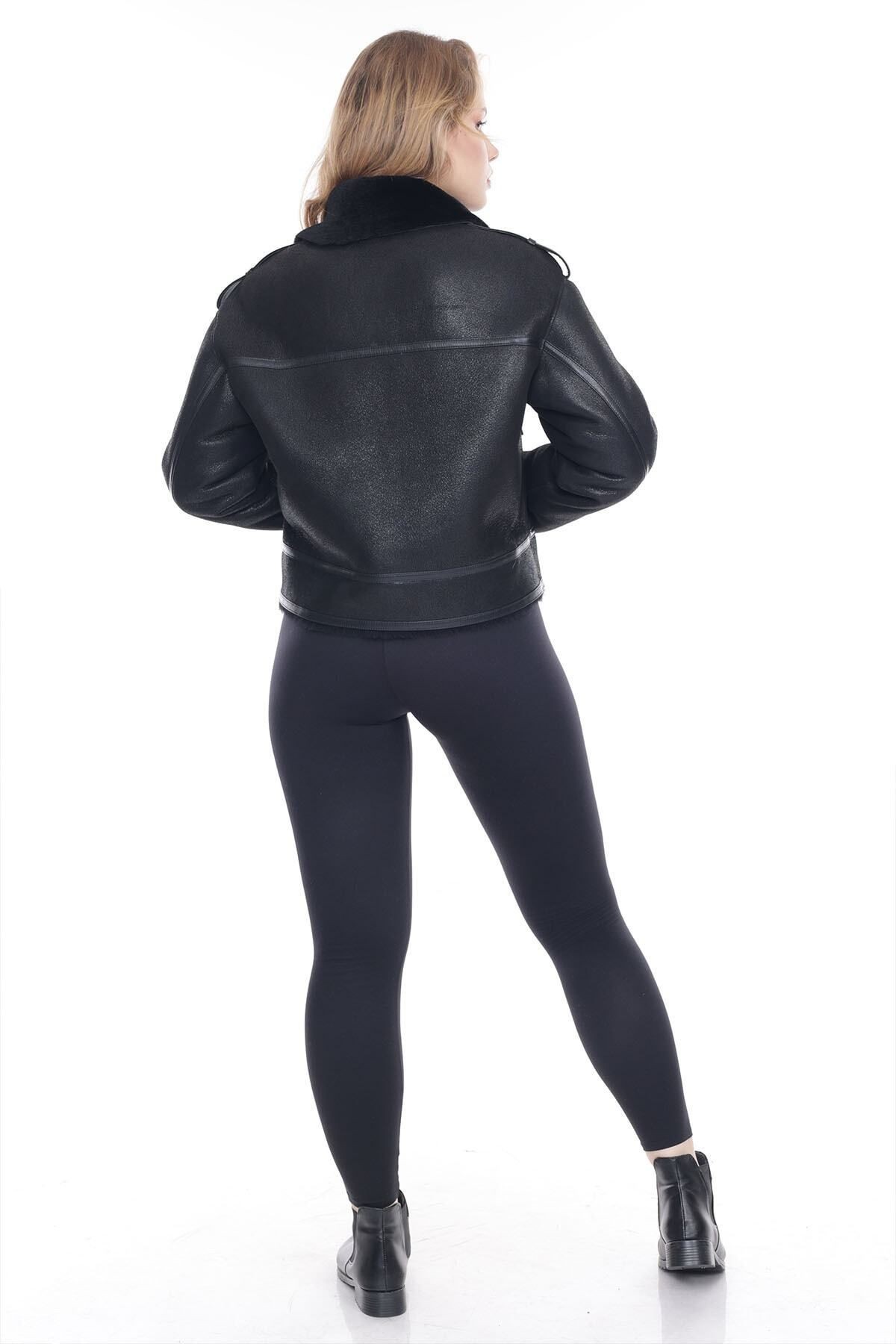 Siyah Kadın Hakiki Deri Ceket, Gömlek Yaka, Içi Kürklü, Crop Model, 57 Cm - 109522